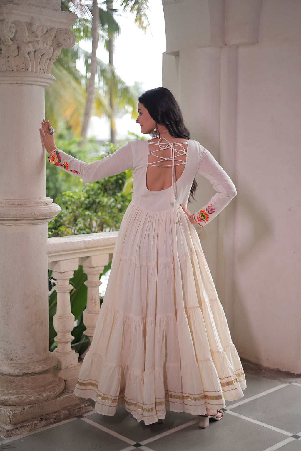 Off-white Kora Cotton Multi-Thread Embroidered Gota Patti Gown