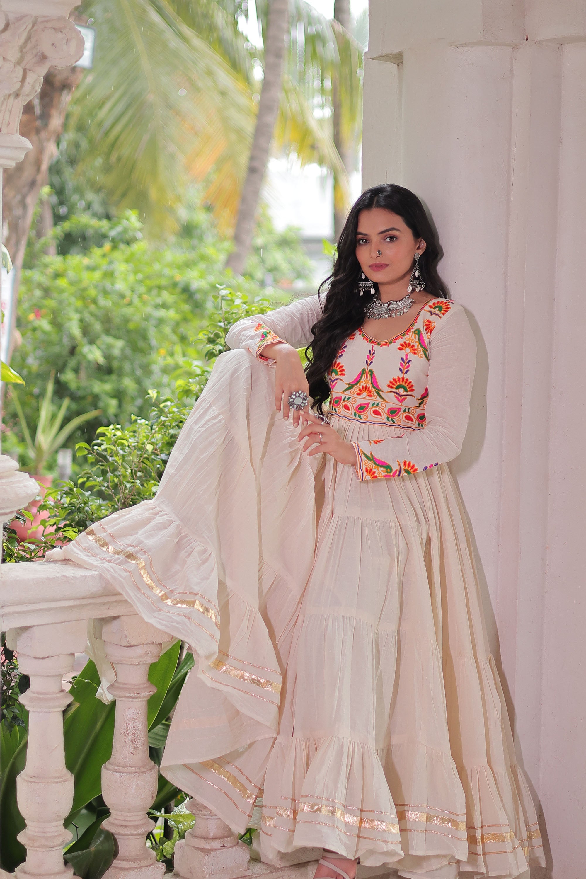 Off-white Kora Cotton Multi-Thread Embroidered Gota Patti Gown