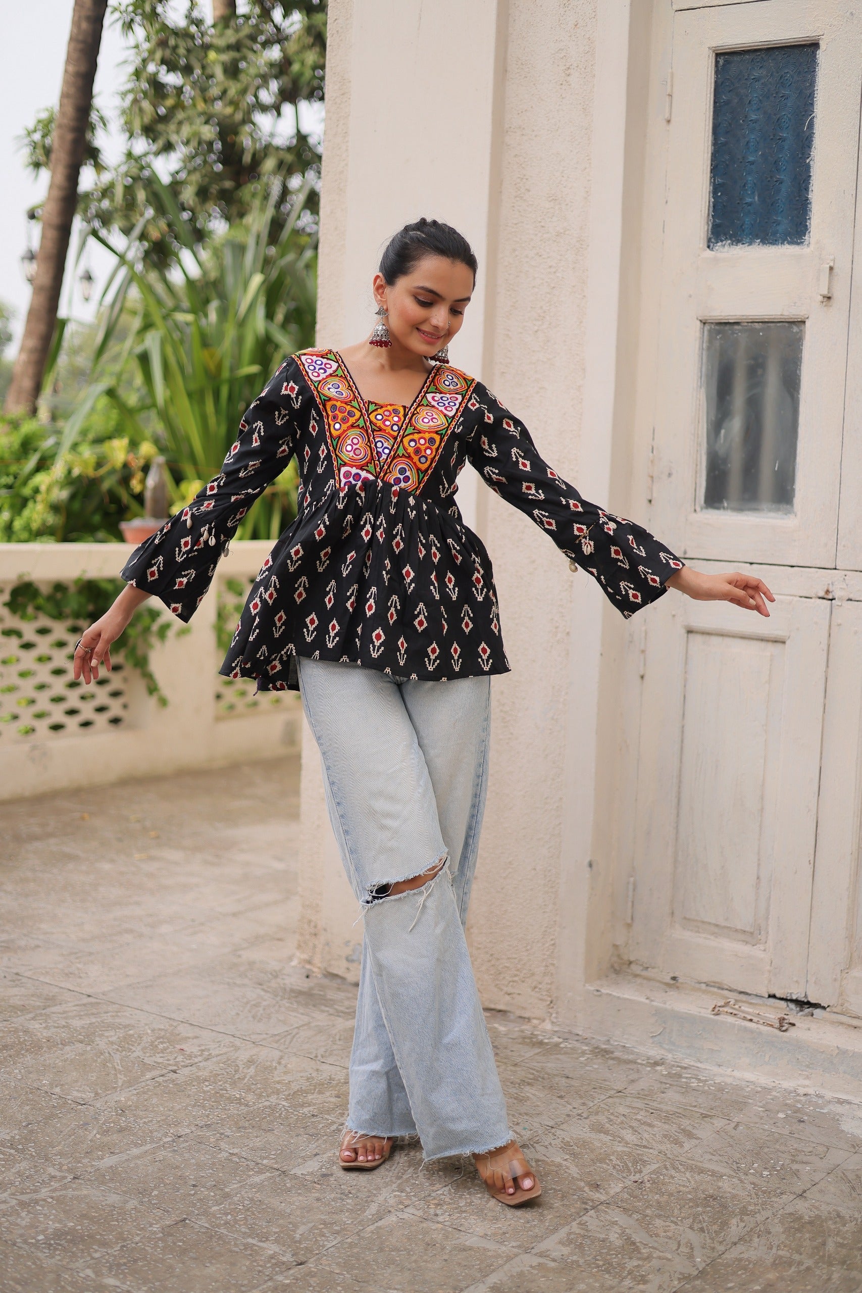 Black Cotton Print Kurti with Kutchi Patchwork for Navratri