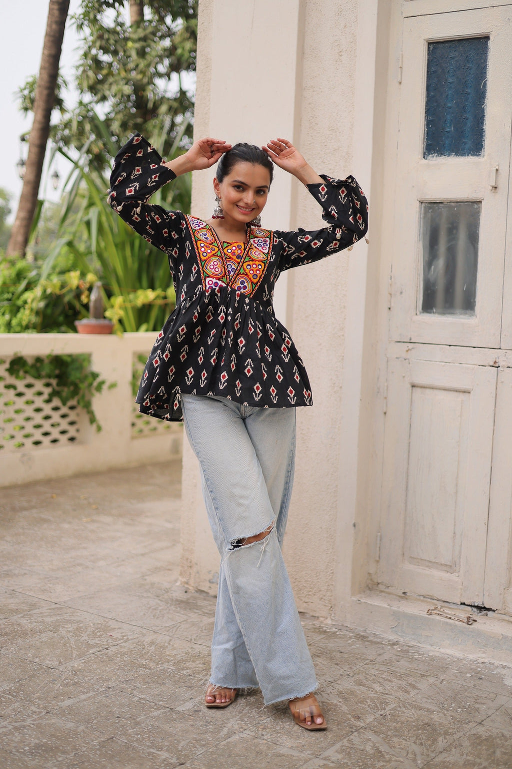 Black Cotton Print Kurti with Kutchi Patchwork for Navratri