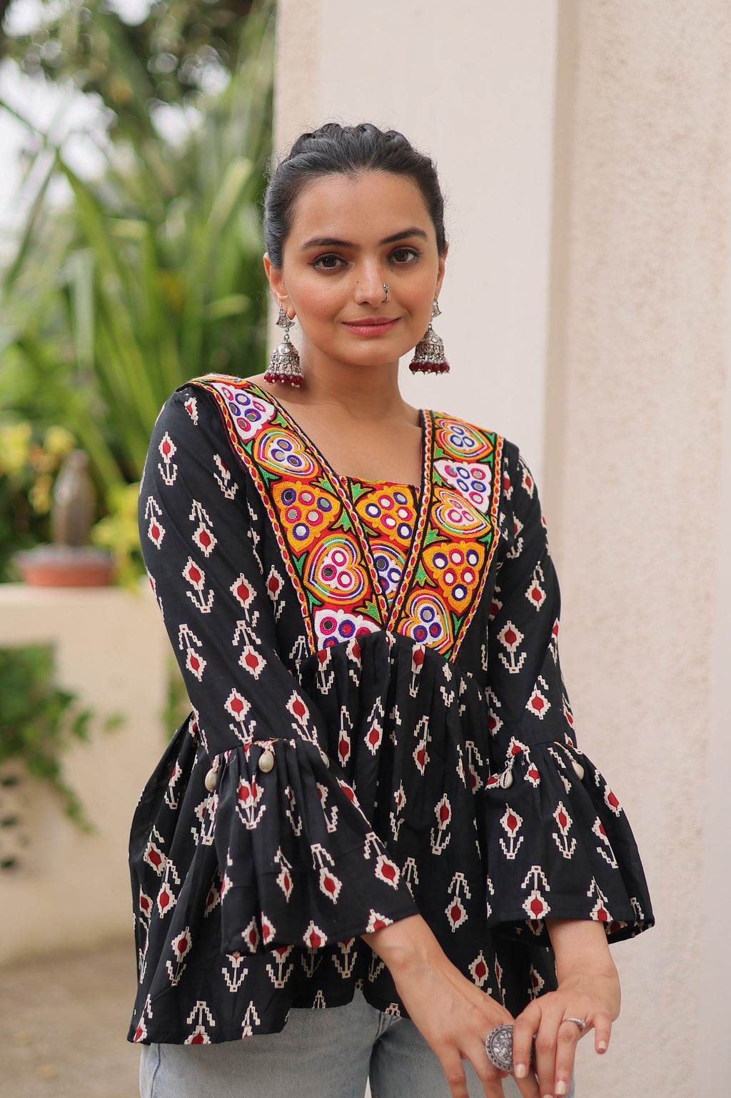 Black Cotton Print Kurti with Kutchi Patchwork for Navratri