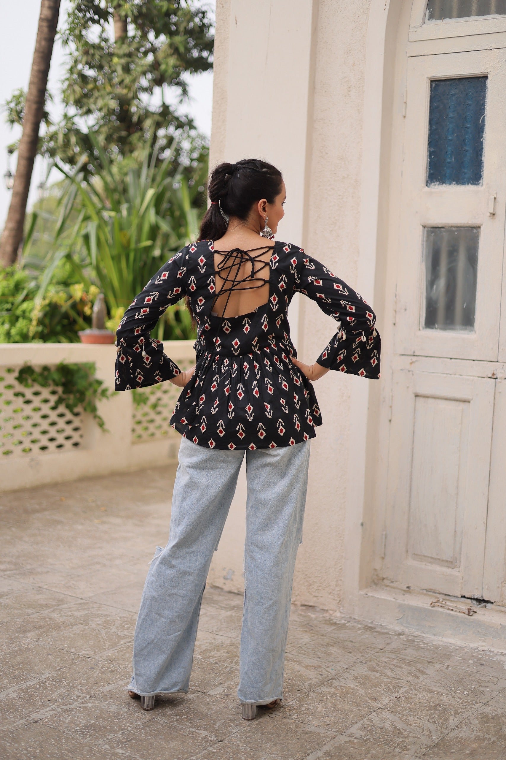 Black Cotton Print Kurti with Kutchi Patchwork for Navratri