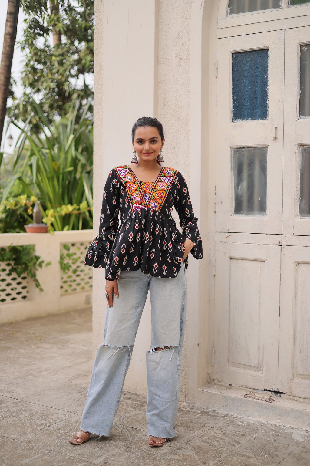 Black cotton print kurti with traditional Kutchi patchwork detail