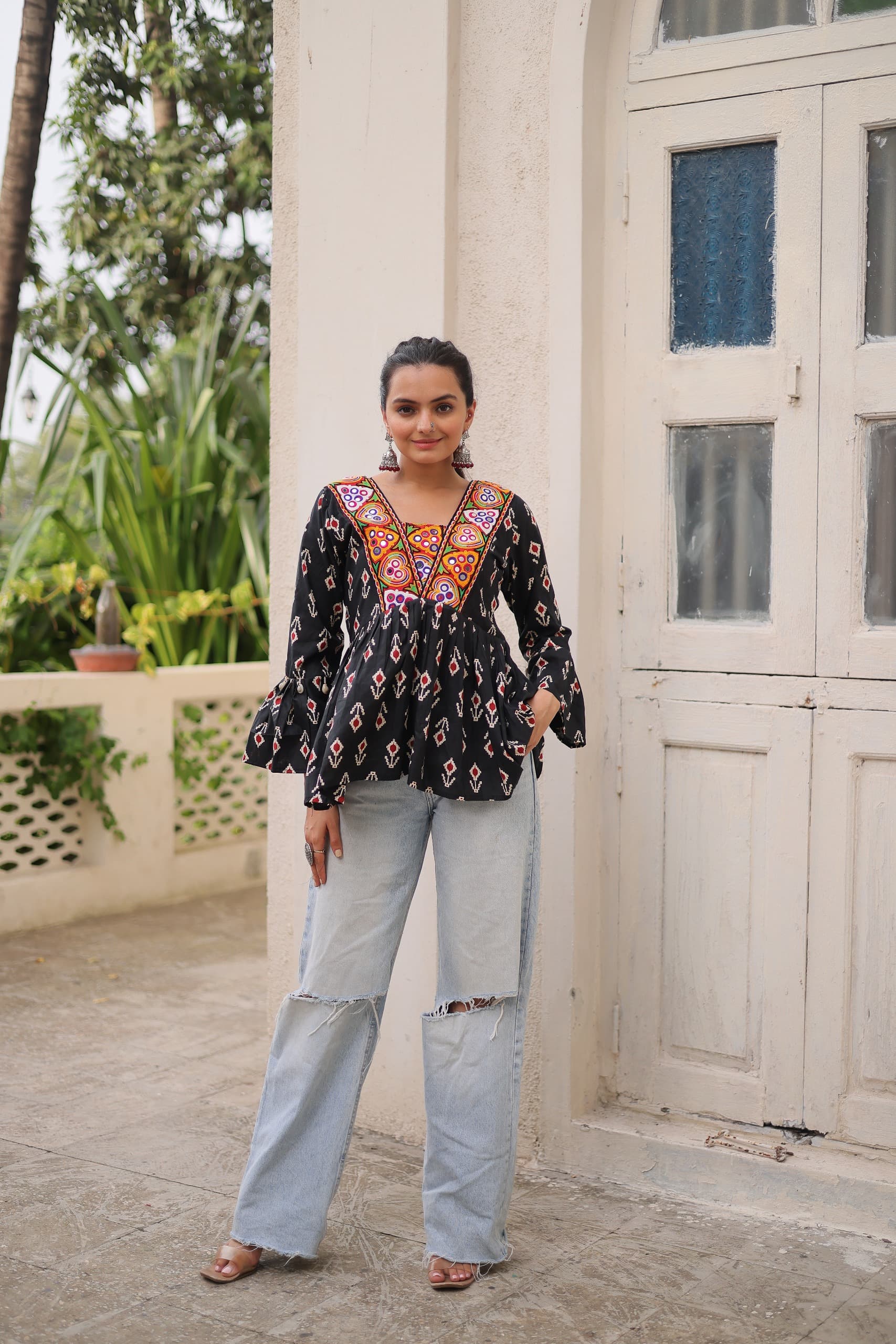Black cotton print kurti with traditional Kutchi patchwork detail
