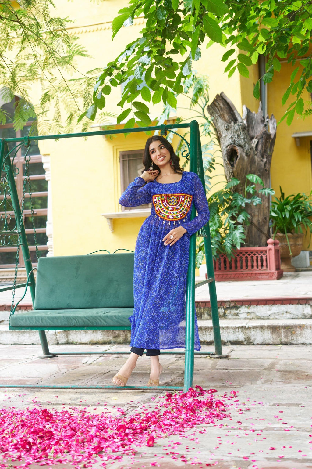 Blue Georgette Bandhej Print Kurti with Kutchi Patchwork