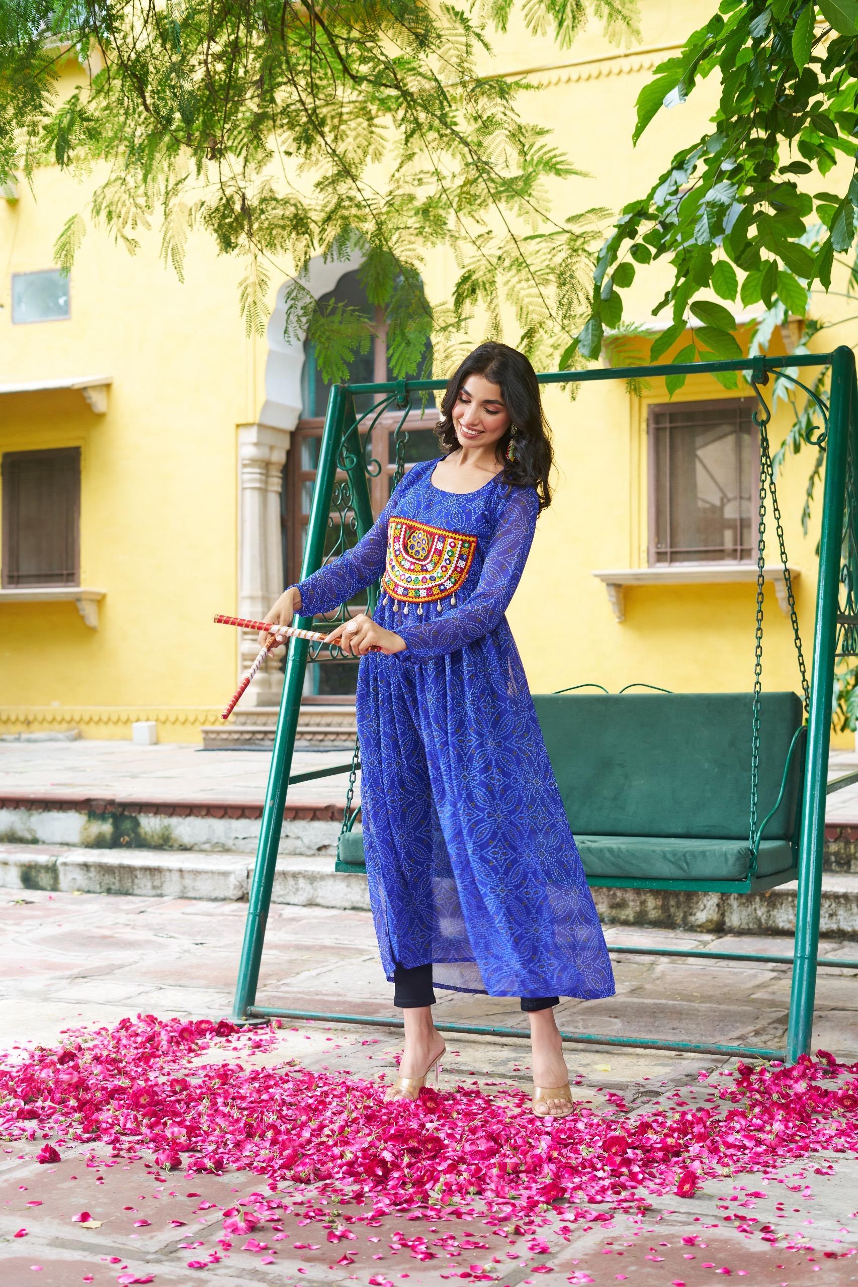 Blue Georgette Bandhej Print Kurti with Kutchi Patchwork