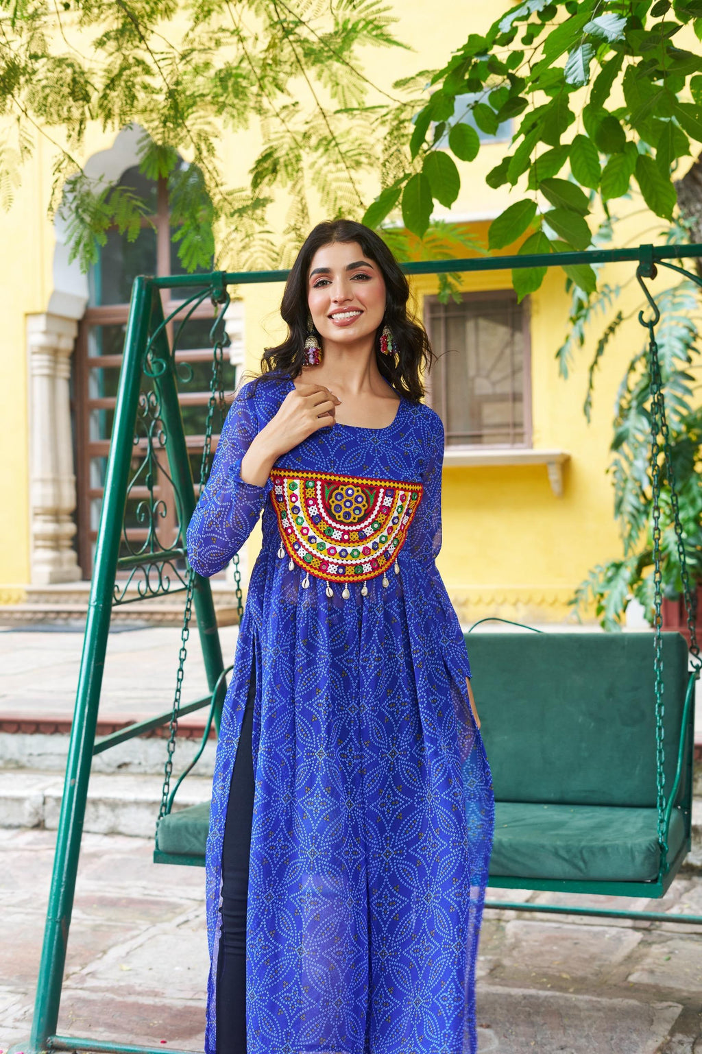Blue Georgette Bandhej Print Kurti with Kutchi Patchwork
