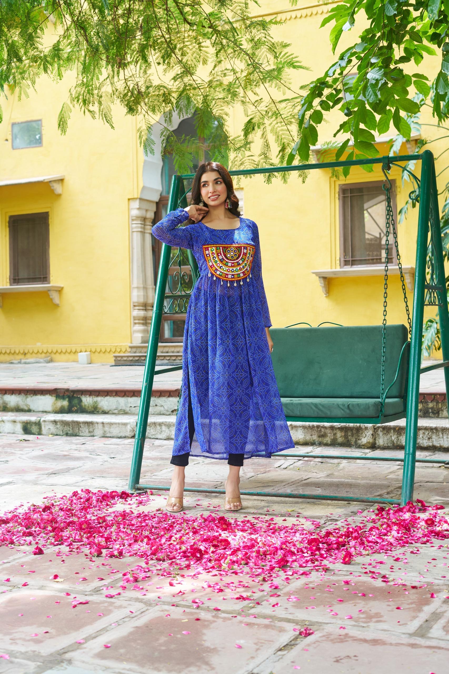 Blue georgette Bandhej print kurti with Kutchi patchwork