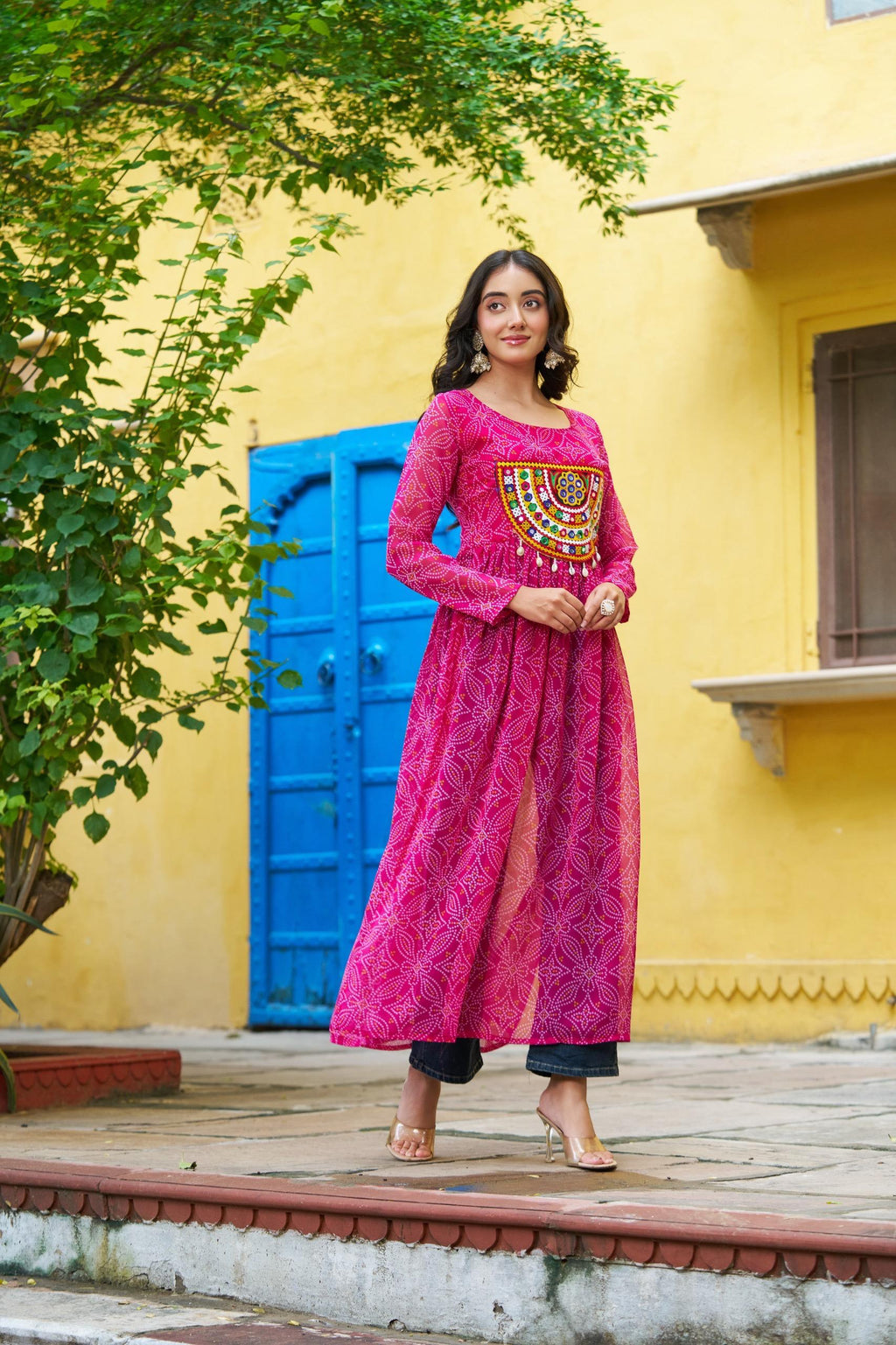 Pink Georgette Bandhej print Kurti with colorful Kutchi patchwork detailing for Navratri
