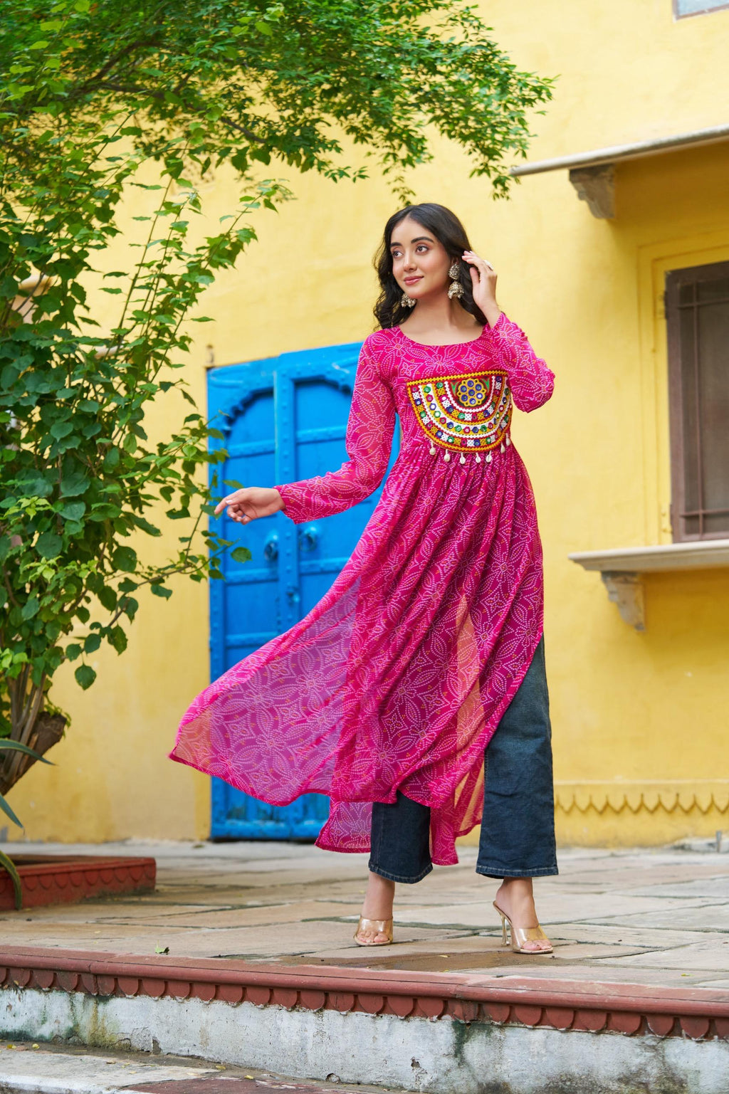 Pink Georgette Bandhej Print Kurti with Kutchi Patchwork for Navratri