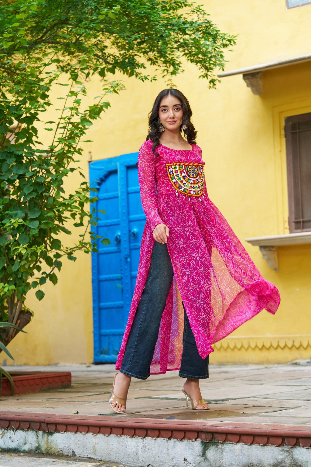 Pink Georgette Bandhej Print Kurti with Kutchi Patchwork for Navratri