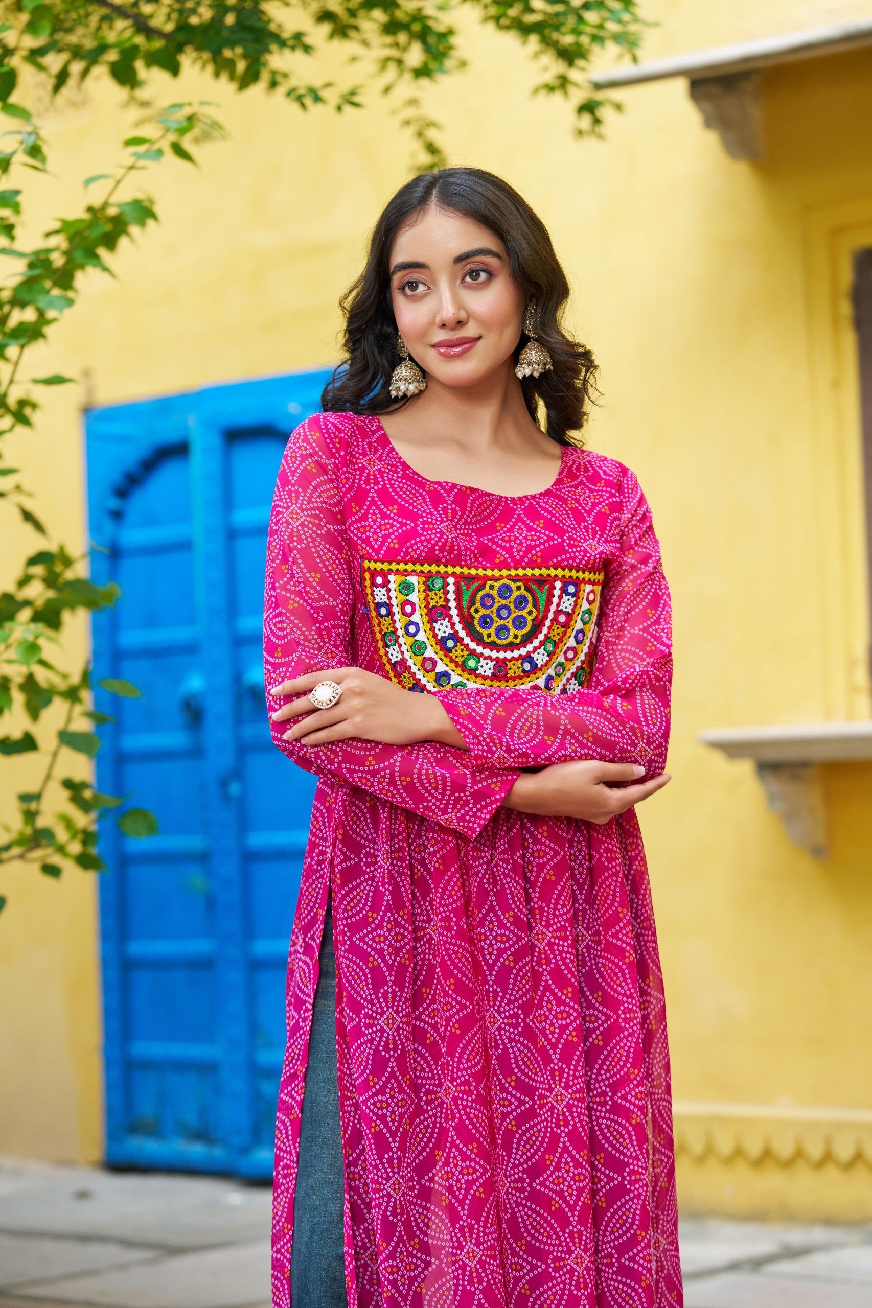 Pink Georgette Bandhej Print Kurti with Kutchi Patchwork for Navratri