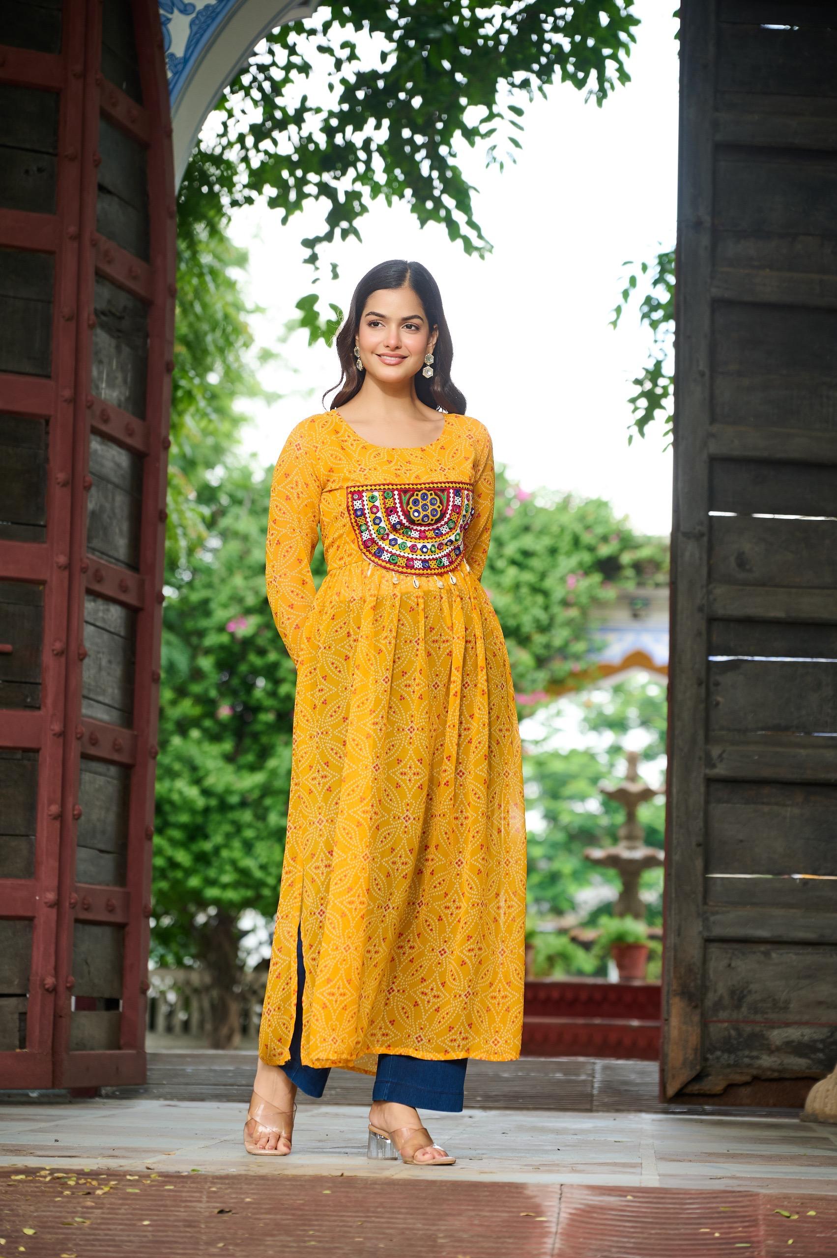 Yellow Georgette Bandhej Print Kurti with Kutchi Patchwork