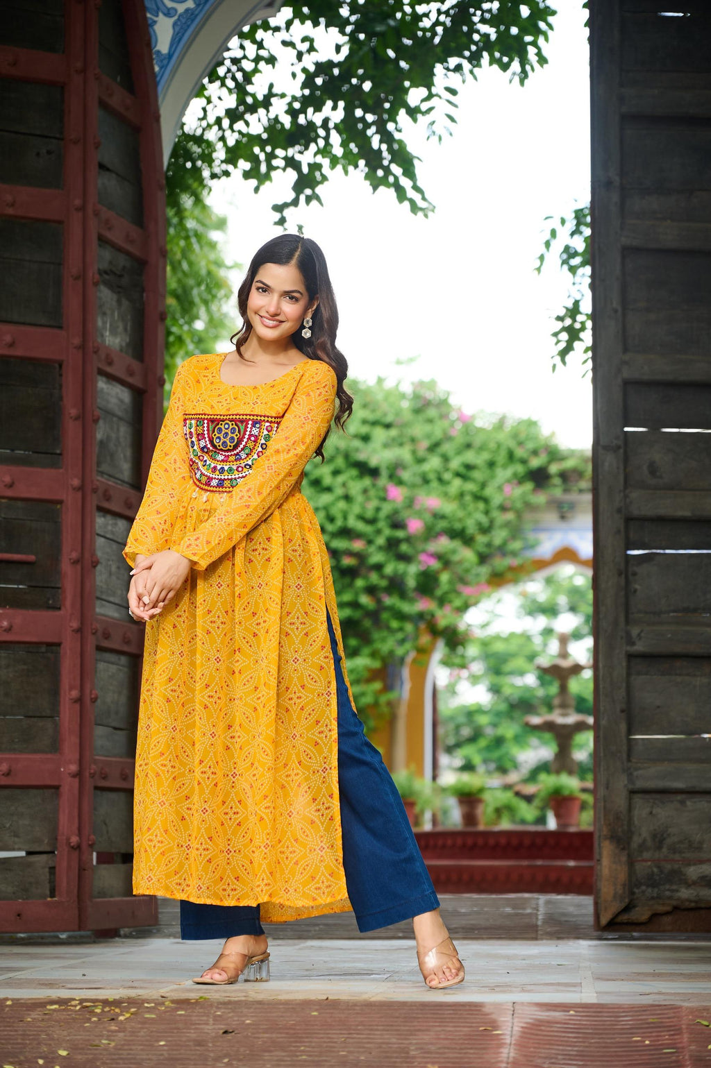 Yellow Georgette Bandhej Print Kurti with Kutchi Patchwork