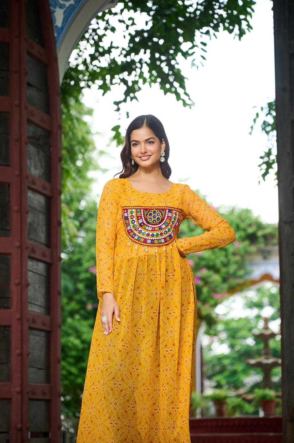 Yellow Georgette Bandhej Print Kurti with Kutchi Patchwork