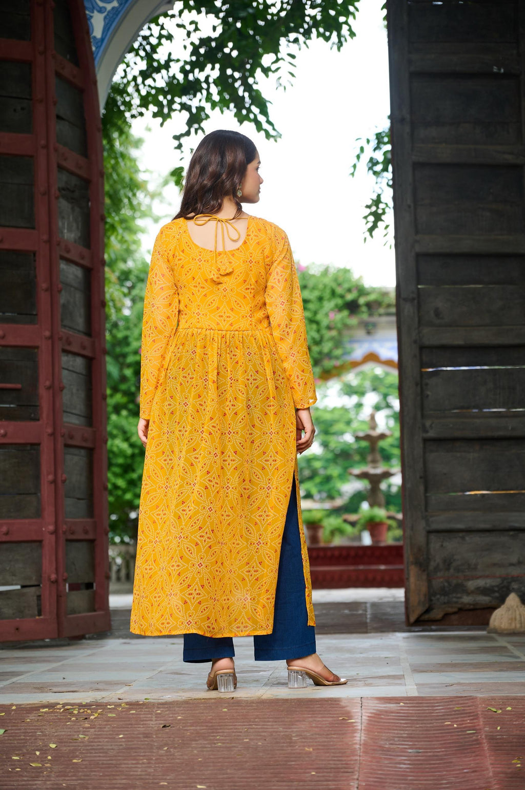 Yellow Georgette Bandhej Print Kurti with Kutchi Patchwork