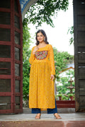 Yellow georgette Kurti with Bandhej print and colorful Kutchi patchwork for Navratri