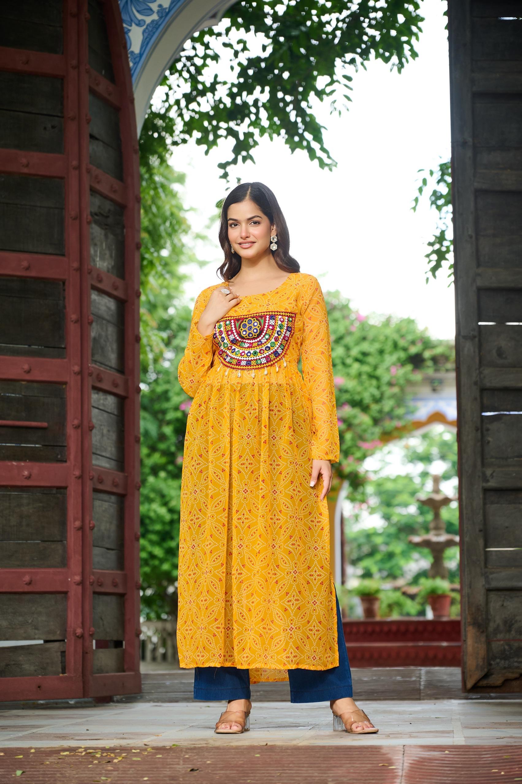 Yellow georgette Kurti with Bandhej print and colorful Kutchi patchwork for Navratri