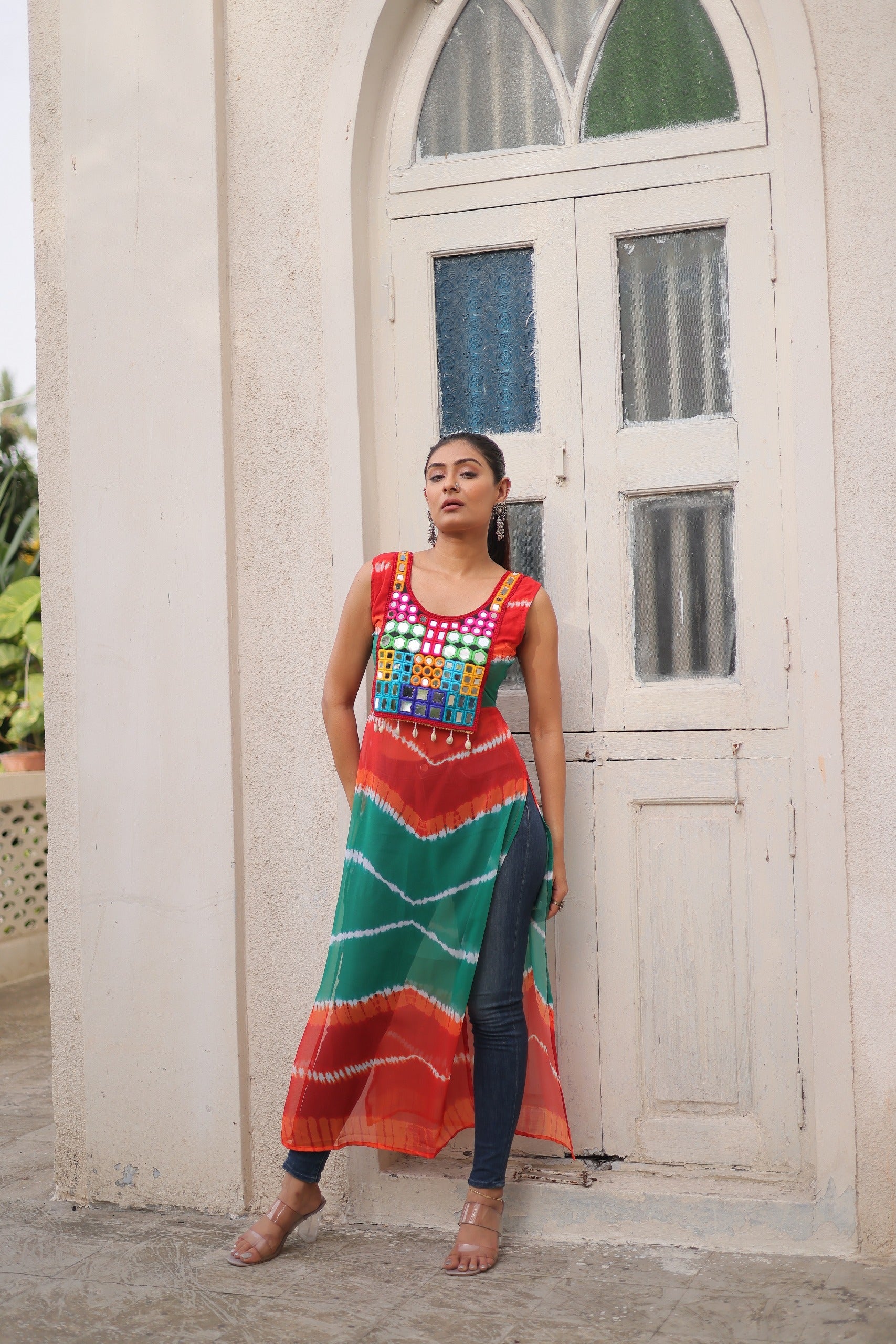 Orange Georgette Kutchi Gamthi Mirror Work Kurti for Navratri