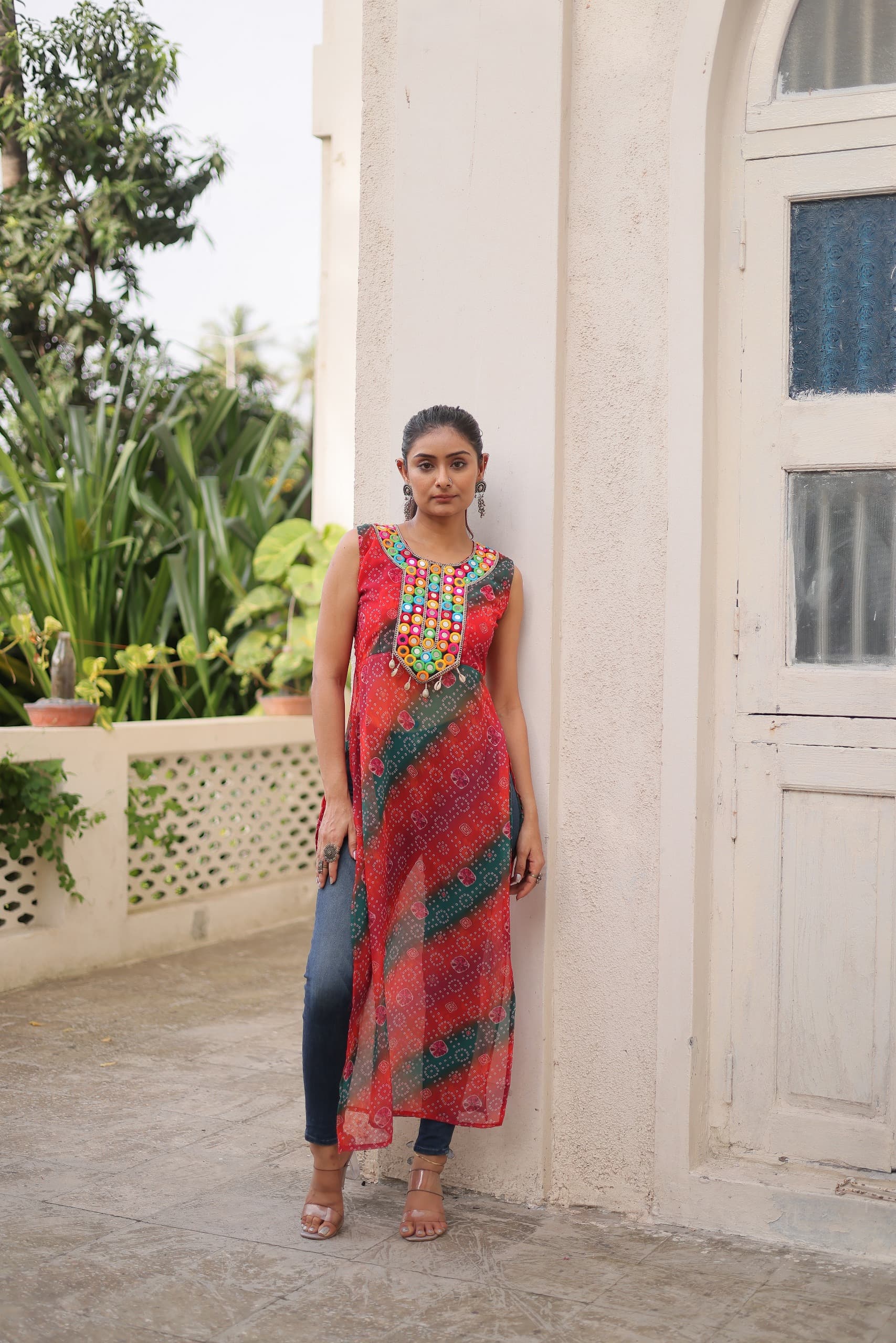 Red georgette kurti with traditional Kutchi Gamthi mirror work and Codi lace for Navratri