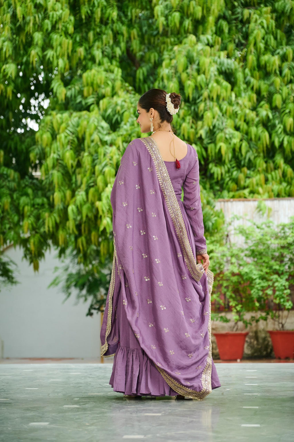 Prazu Fashion Lavender Vichitra Silk Rich Embroidered Zari & Thread Work Gown With Dupatta