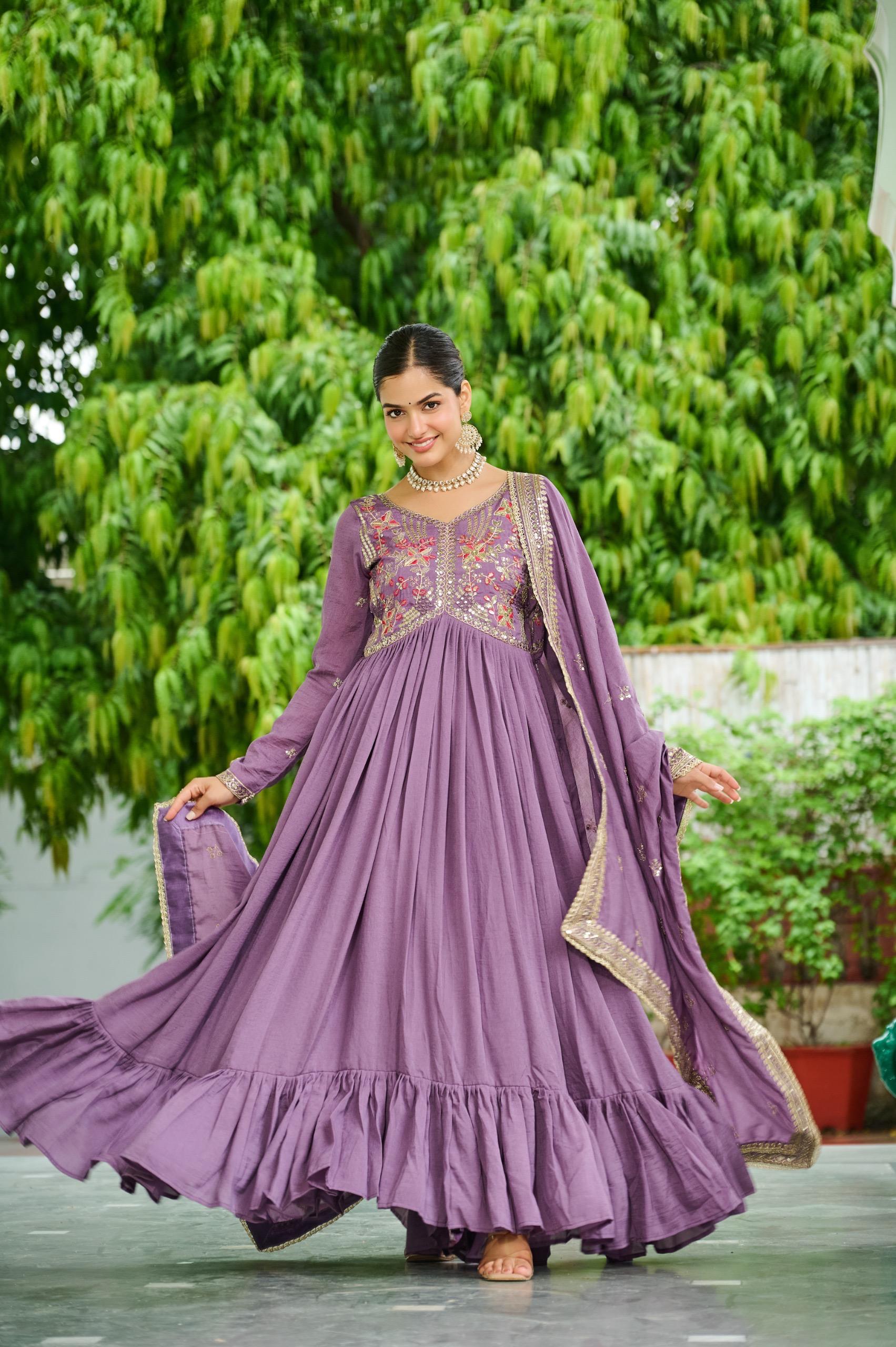 Prazu Fashion Lavender Vichitra Silk Rich Embroidered Zari & Thread Work Gown With Dupatta