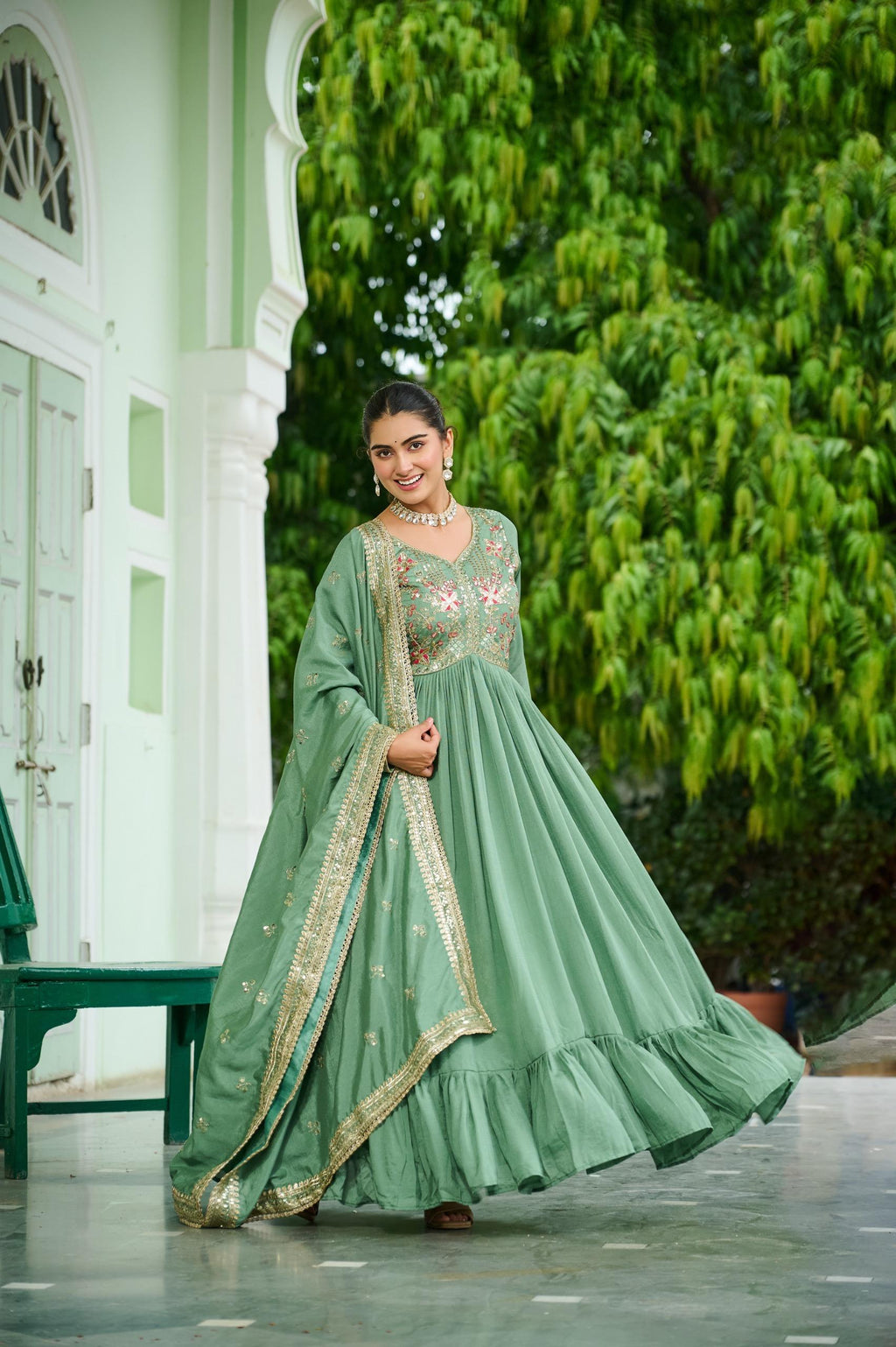Prazu Fashion Pista Green Vichitra Silk Rich Embroidered Zari & Thread Work Gown With Dupatta