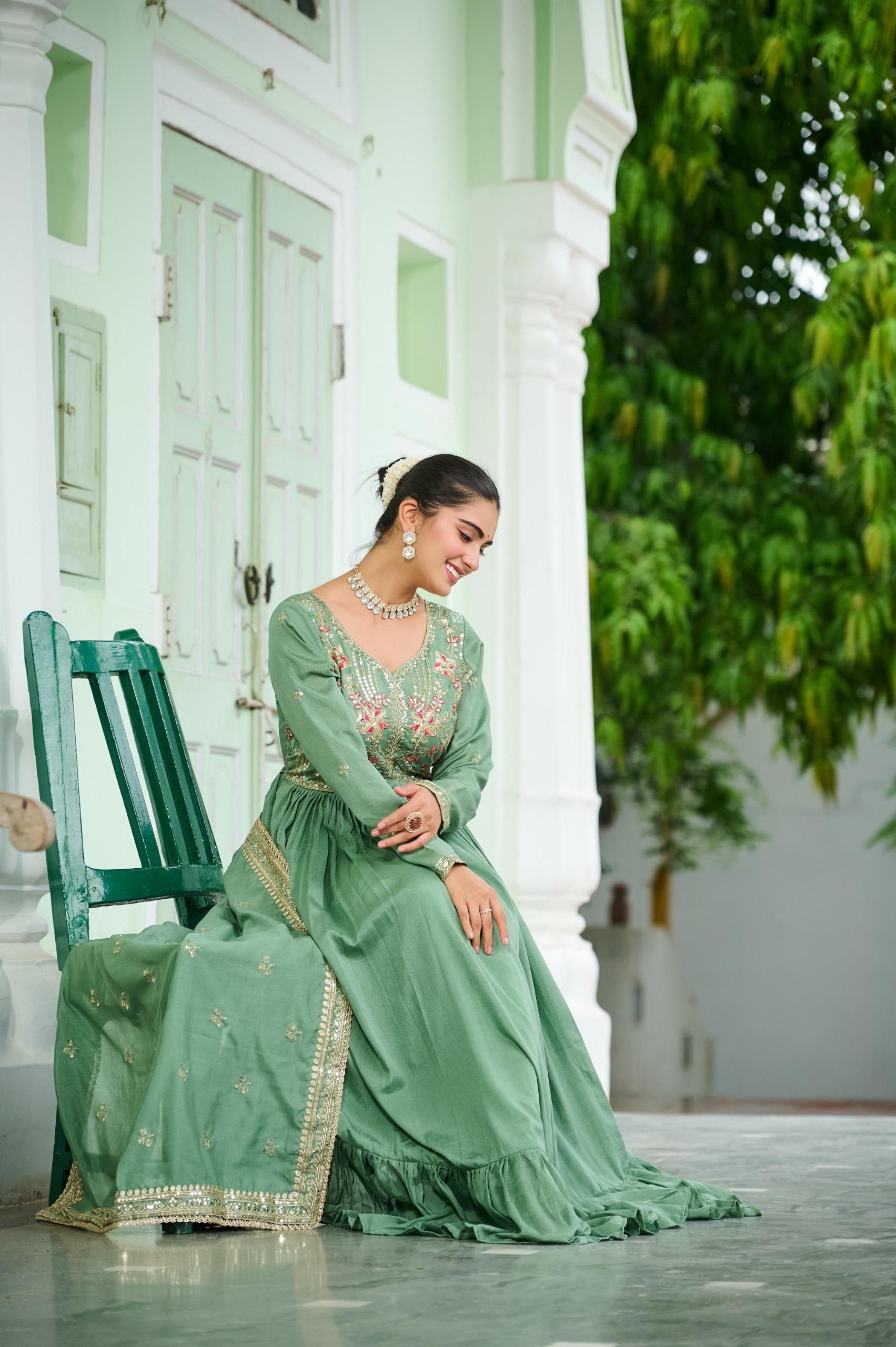 Prazu Fashion Pista Green Vichitra Silk Rich Embroidered Zari & Thread Work Gown With Dupatta