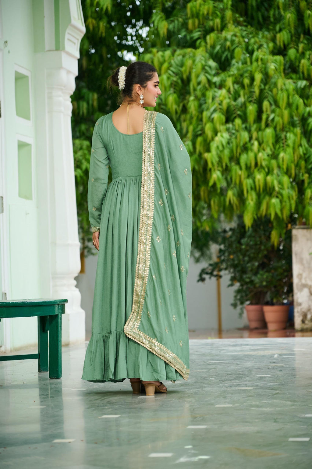 Prazu Fashion Pista Green Vichitra Silk Rich Embroidered Zari & Thread Work Gown With Dupatta