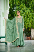 Prazu Fashion Pista Green Vichitra Silk Rich Embroidered Zari & Thread Work Gown With Dupatta