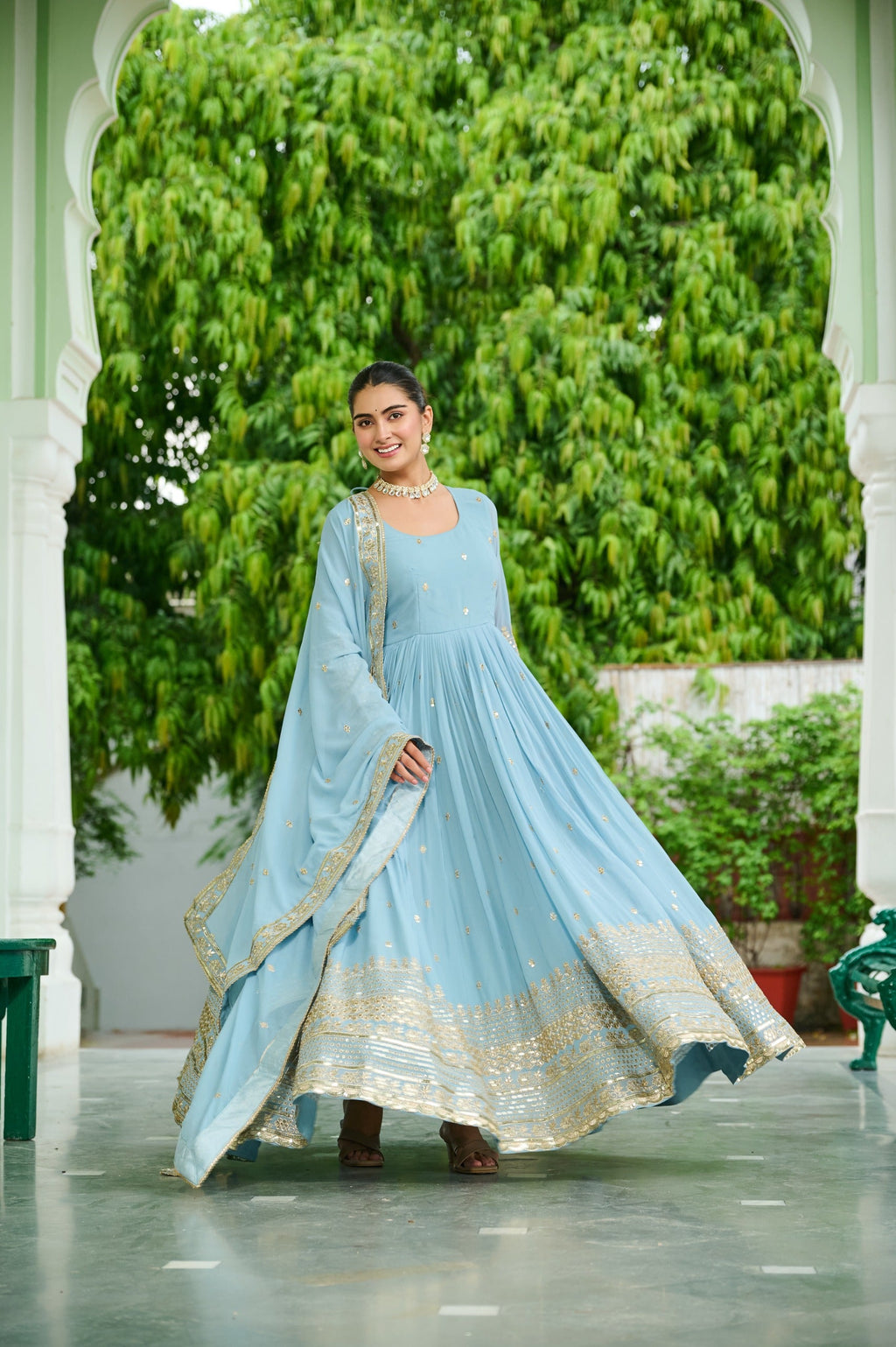 Light Lavender Georgette Embroidered Gown with Matching Dupatta