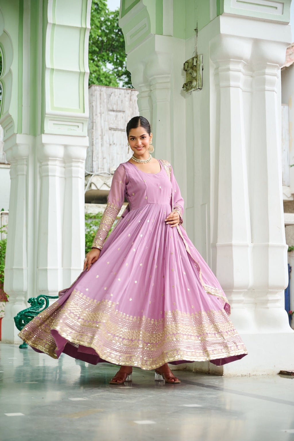 Sky Georgette Embroidered Gown with Dupatta for Ethnic Events