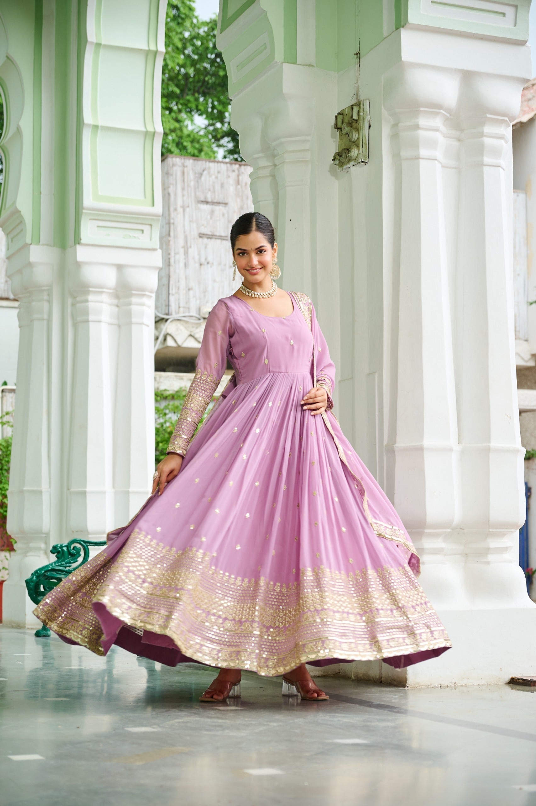 Sky Georgette Embroidered Gown with Dupatta for Ethnic Events