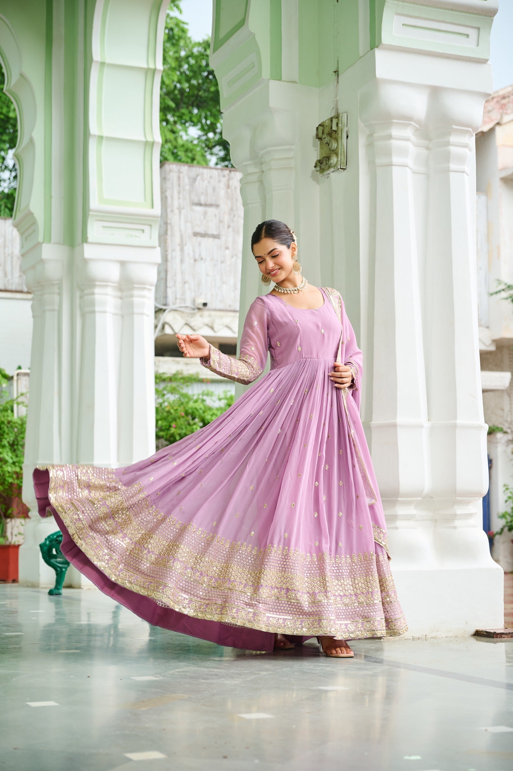 Sky Georgette Embroidered Gown with Dupatta for Ethnic Events