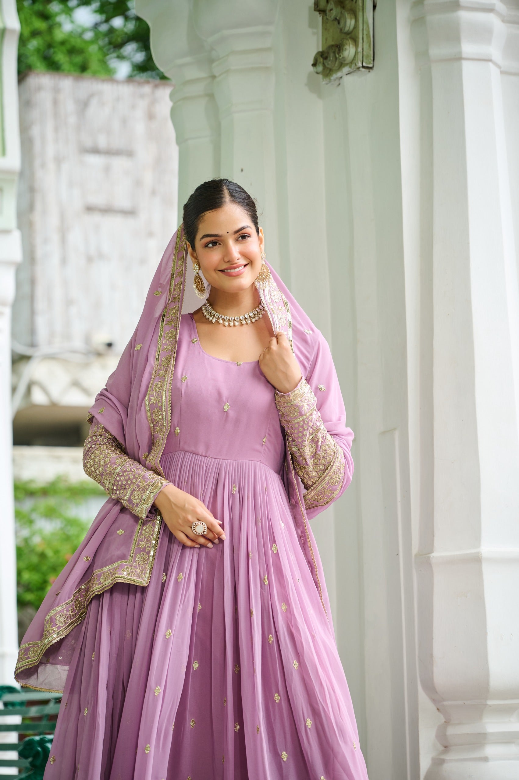 Sky Georgette Embroidered Gown with Dupatta for Ethnic Events