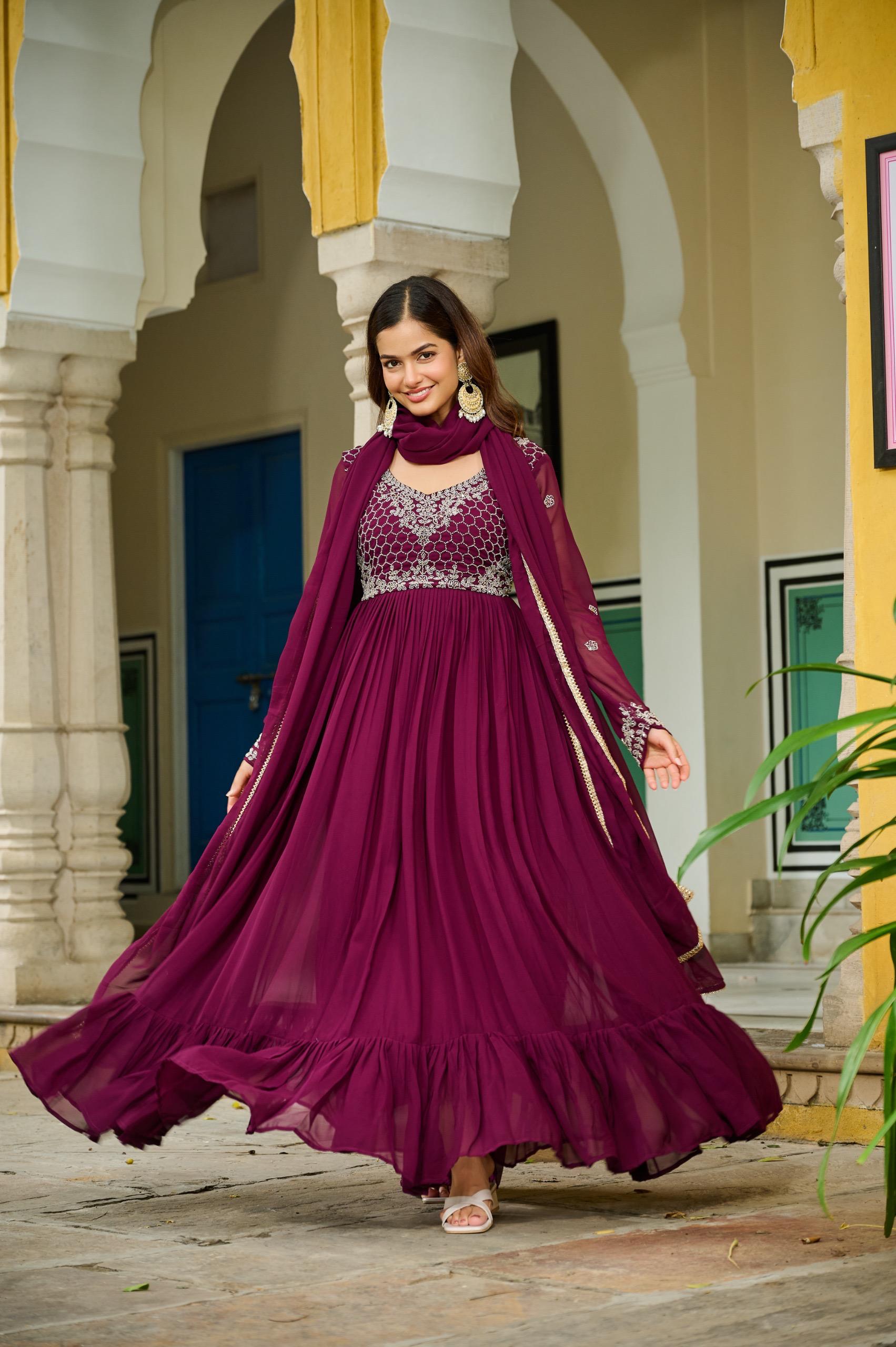 Wine faux blooming georgette gown with beads embroidery and matching dupatta