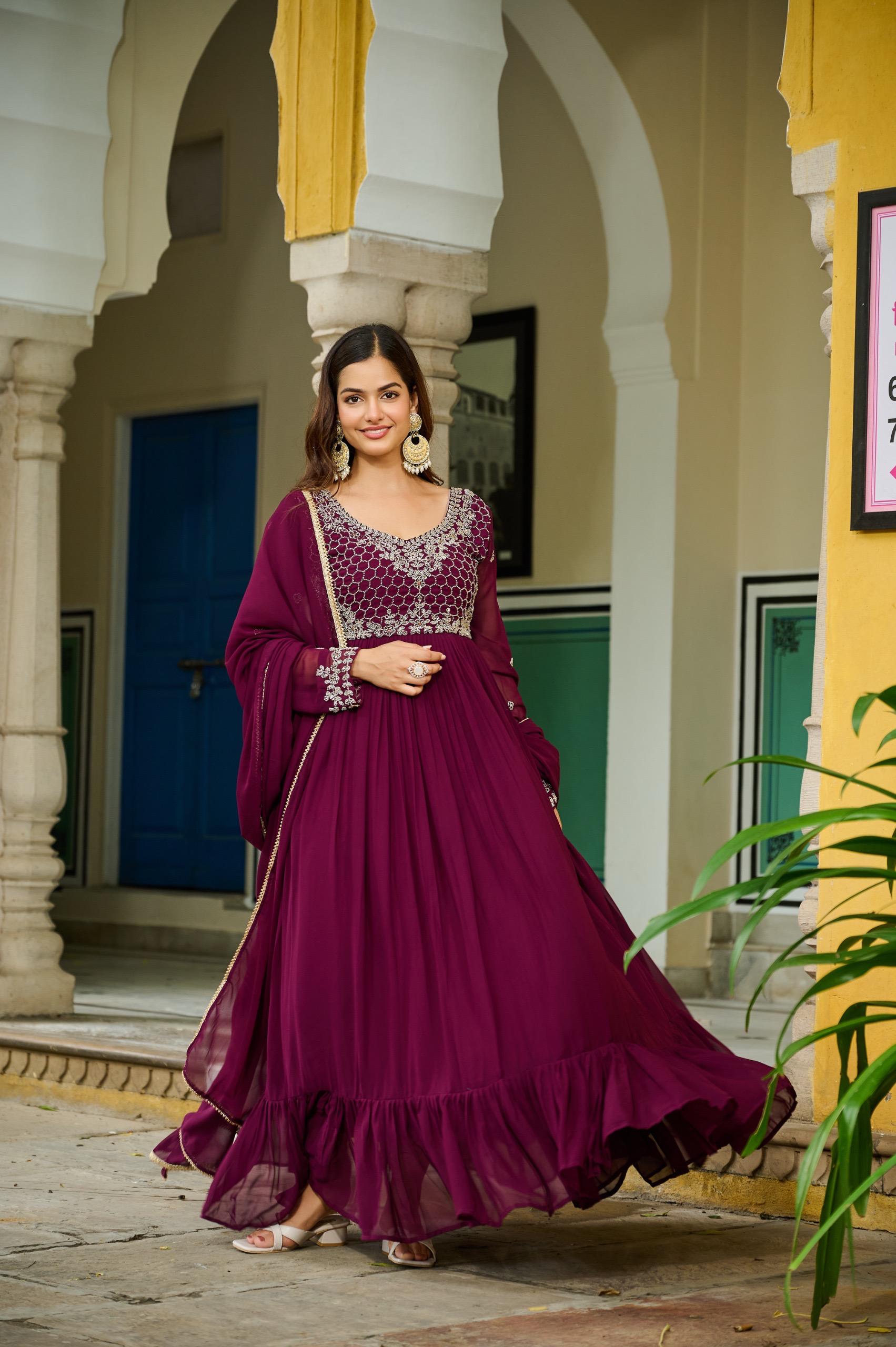 Wine Faux Georgette Gown with Beads Embroidery and Dupatta