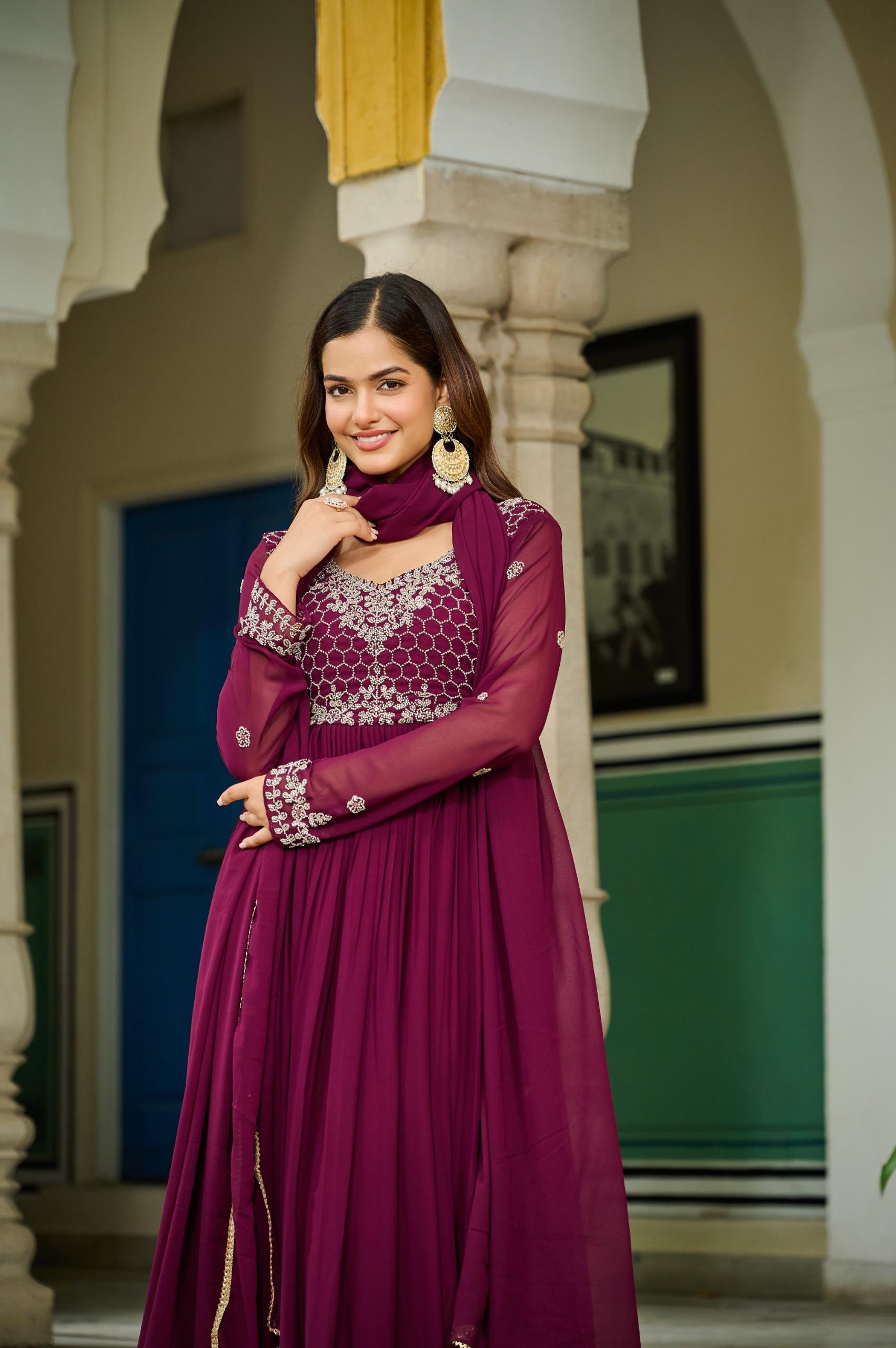 Wine Faux Georgette Gown with Beads Embroidery and Dupatta