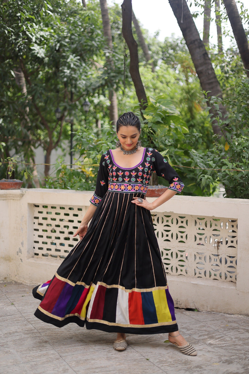 Black Roman Gown with Multicolour Thread Work and Gota Lace