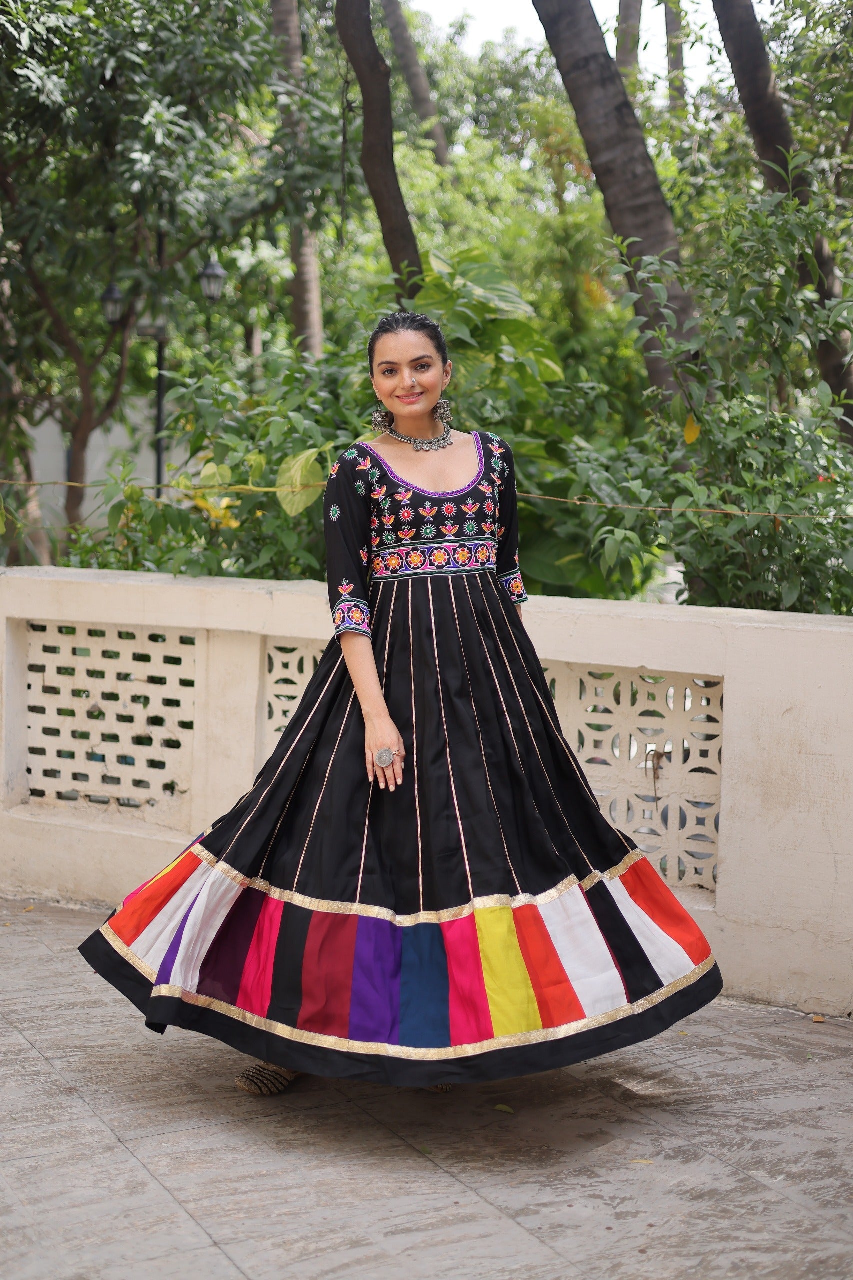 Black Roman Gown with Multicolour Thread Work and Gota Lace