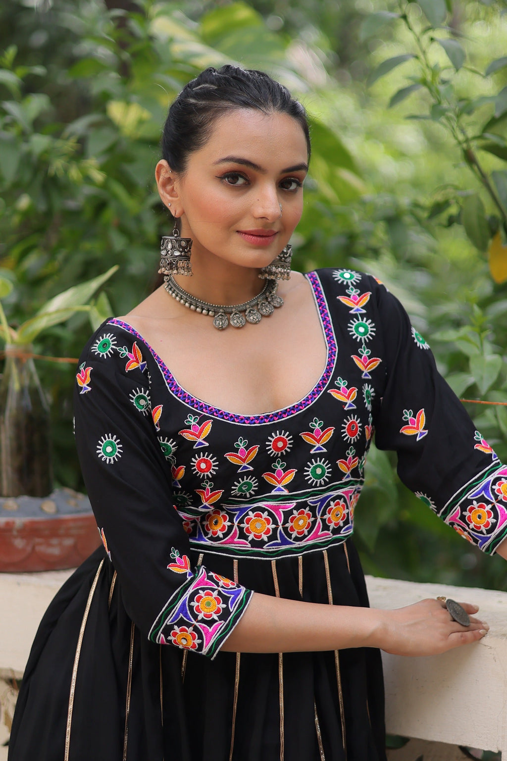 Black Roman Gown with Multicolour Thread Work and Gota Lace