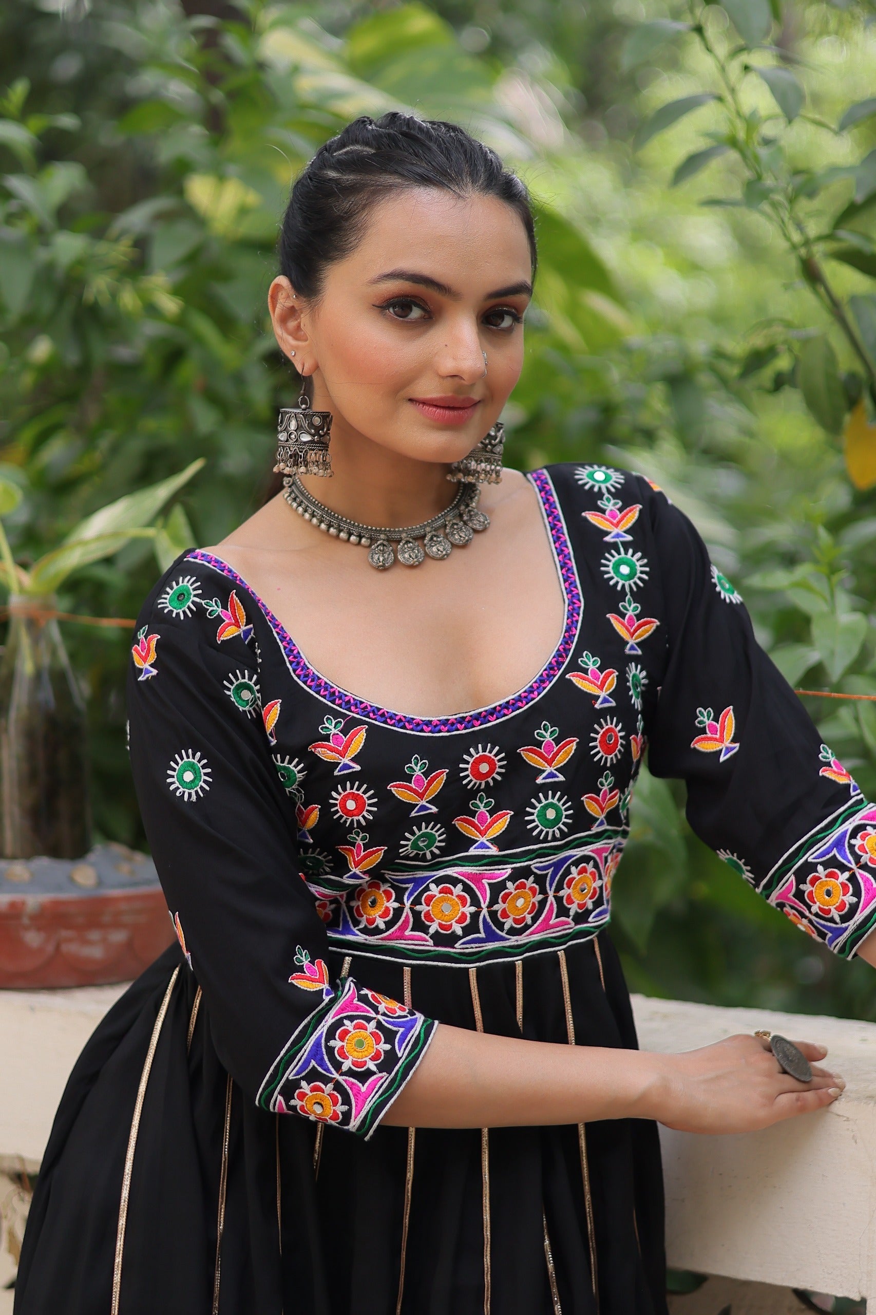 Black Roman Gown with Multicolour Thread Work and Gota Lace