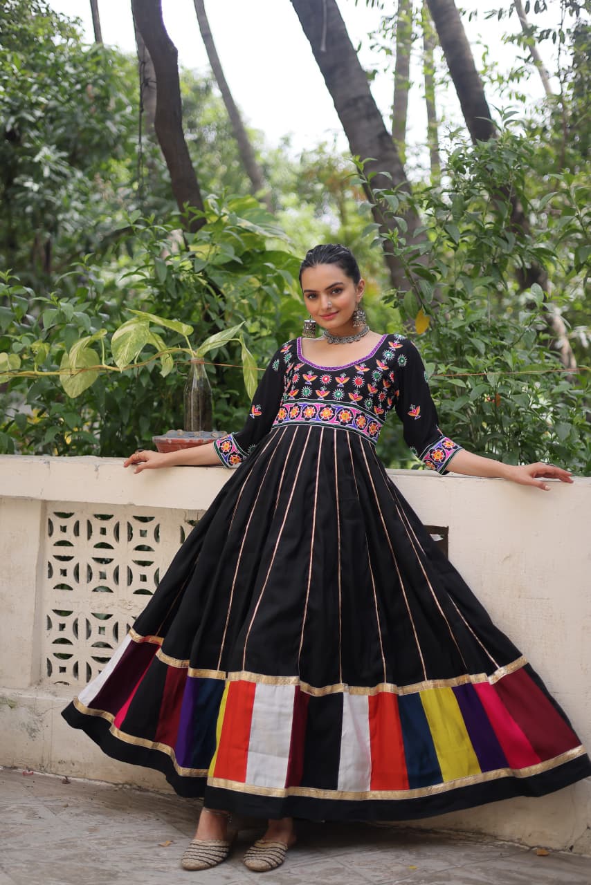 Black Roman gown with multicolour thread embroidery and Gota lace for Navratri