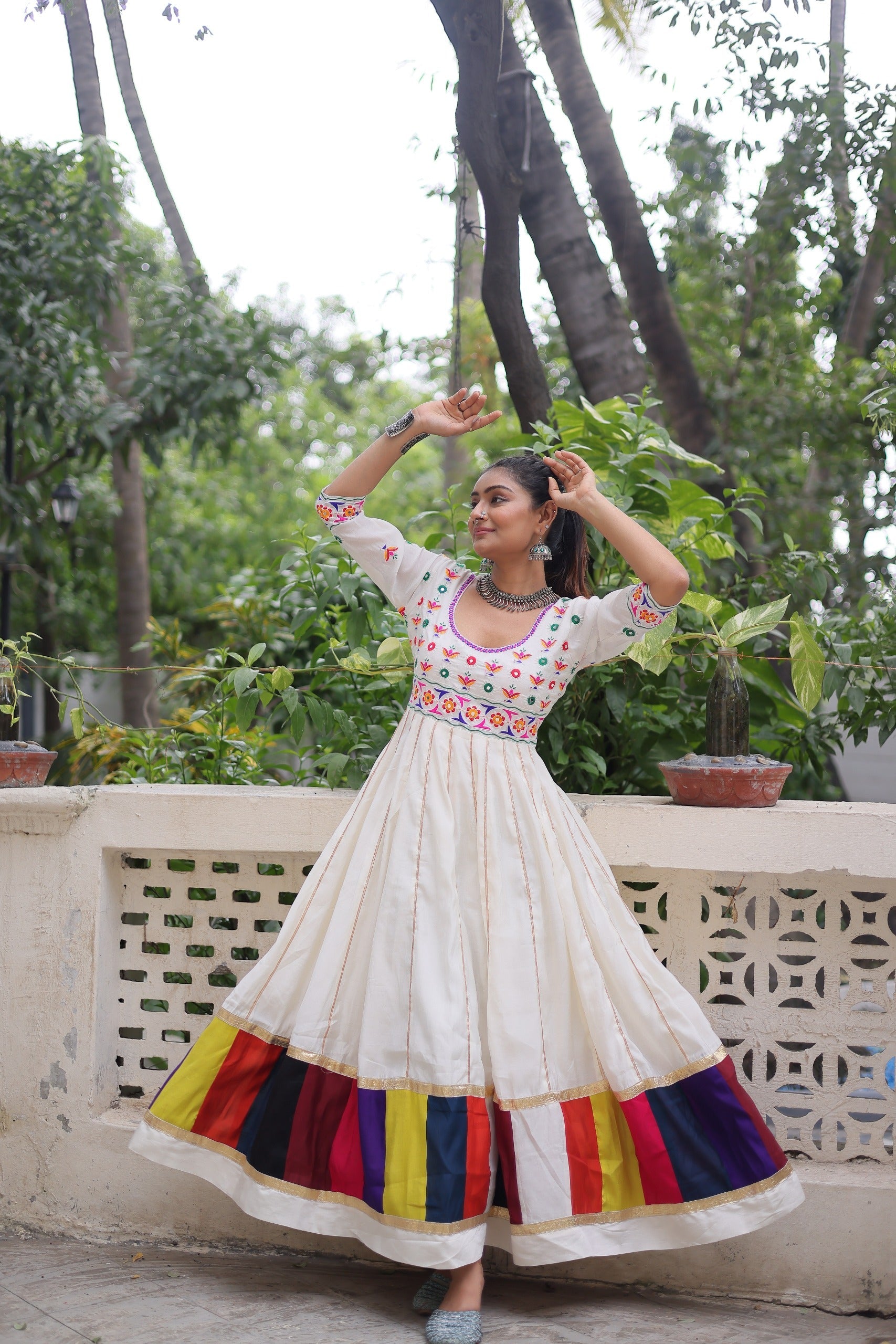 Prazu Fashion Off White Roman Multicolour Thread Work & Gota Lace Gown For Navratri
