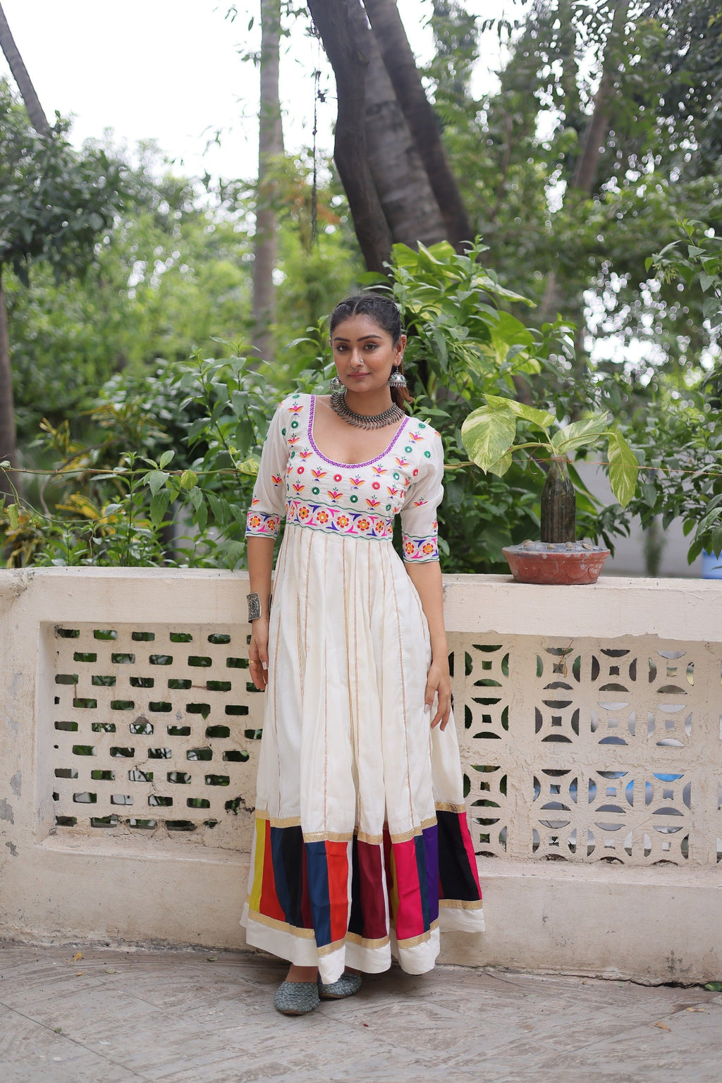 Prazu Fashion Off White Roman Multicolour Thread Work & Gota Lace Gown For Navratri
