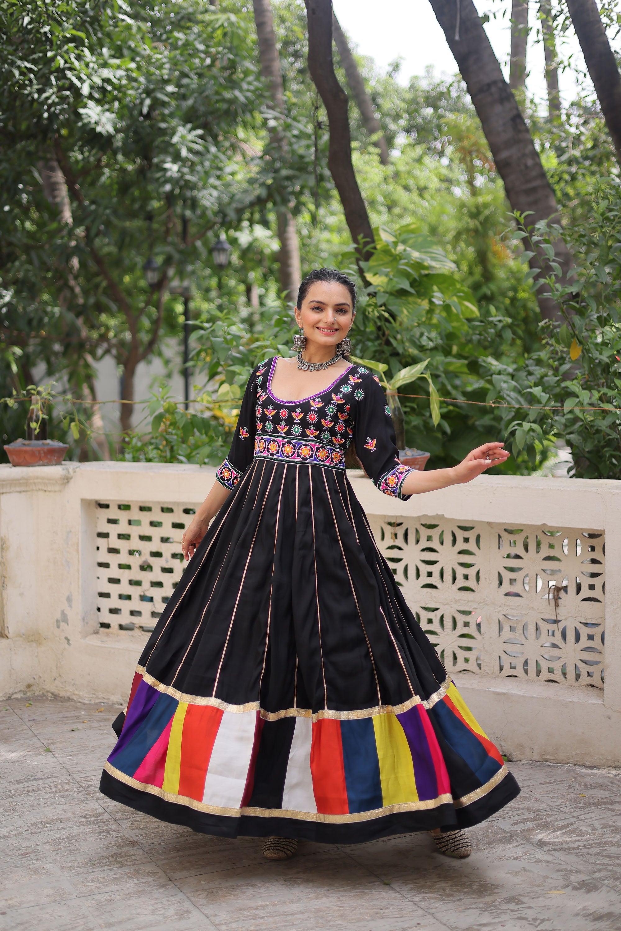 Lorenvalley Fashion Black Roman Silk with Thread work & Gota Lace embellished Work Gown
