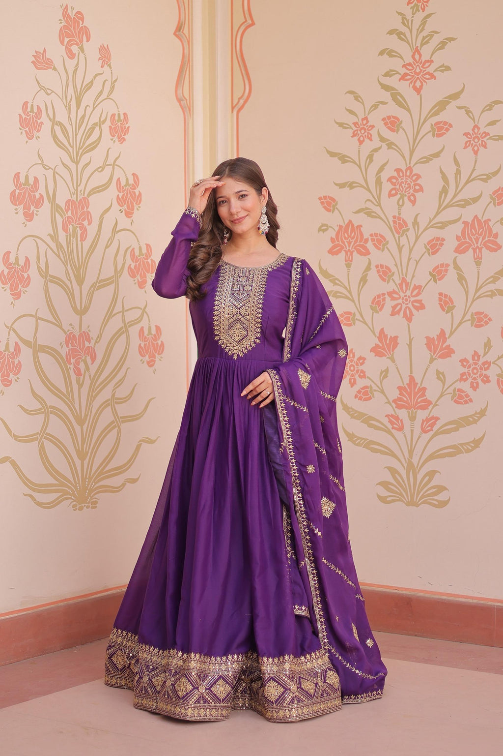 Purple Georgette Gown with Zari and Sequins Embroidery