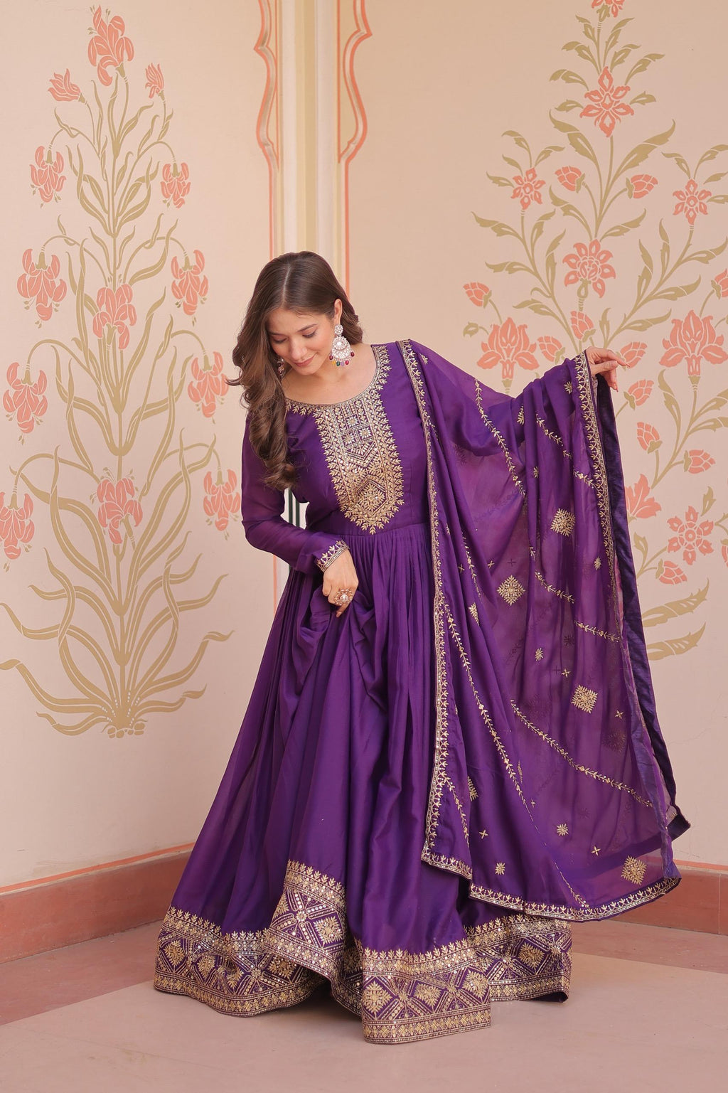 Purple Georgette Gown with Zari and Sequins Embroidery