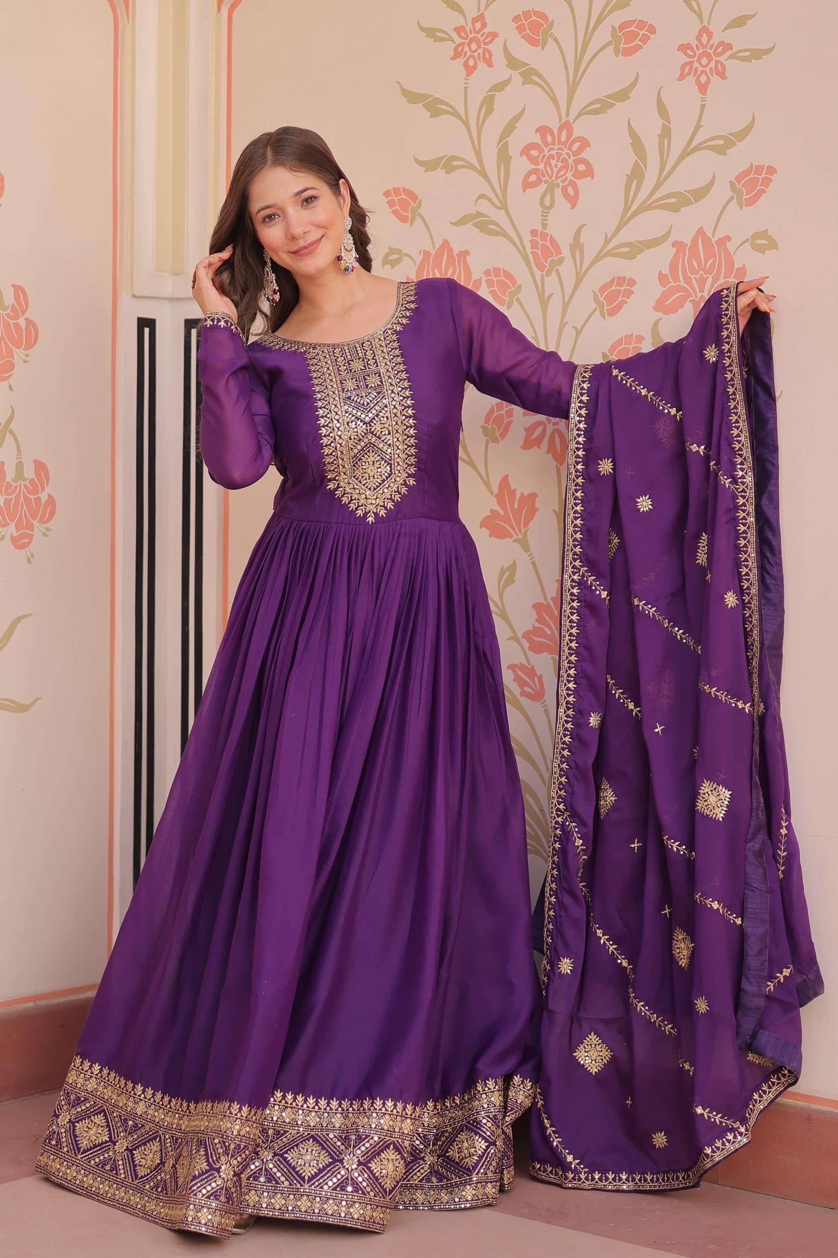 Purple Star Georgette gown with zari and sequins embroidery and matching dupatta