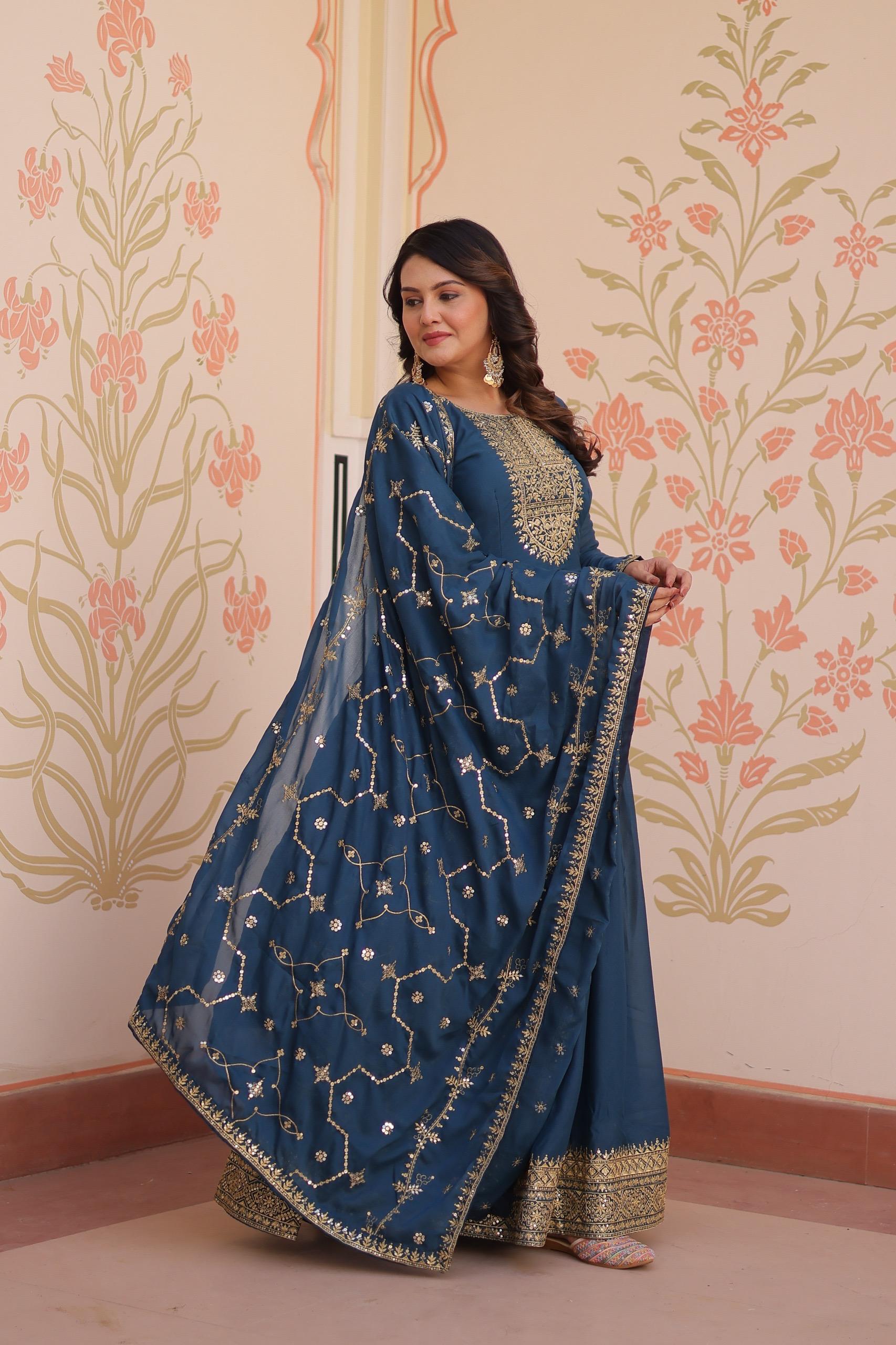 Rama Georgette Embroidered Gown with Zari and Sequins & Dupatta